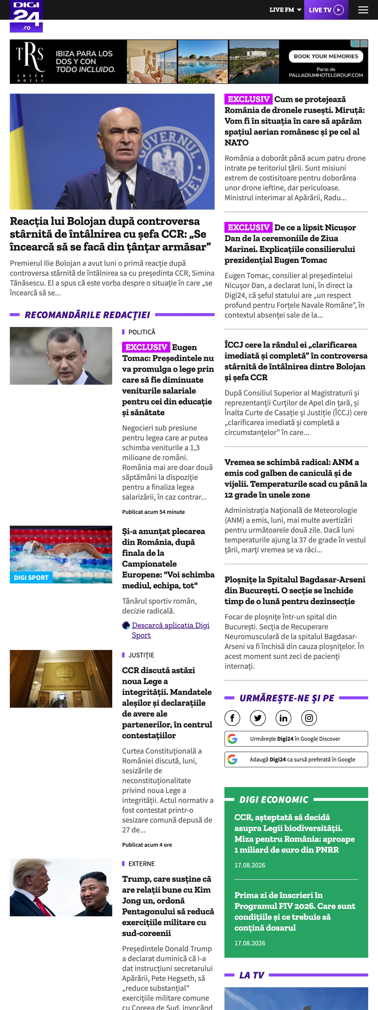 Screenshot of the Digi24 front page