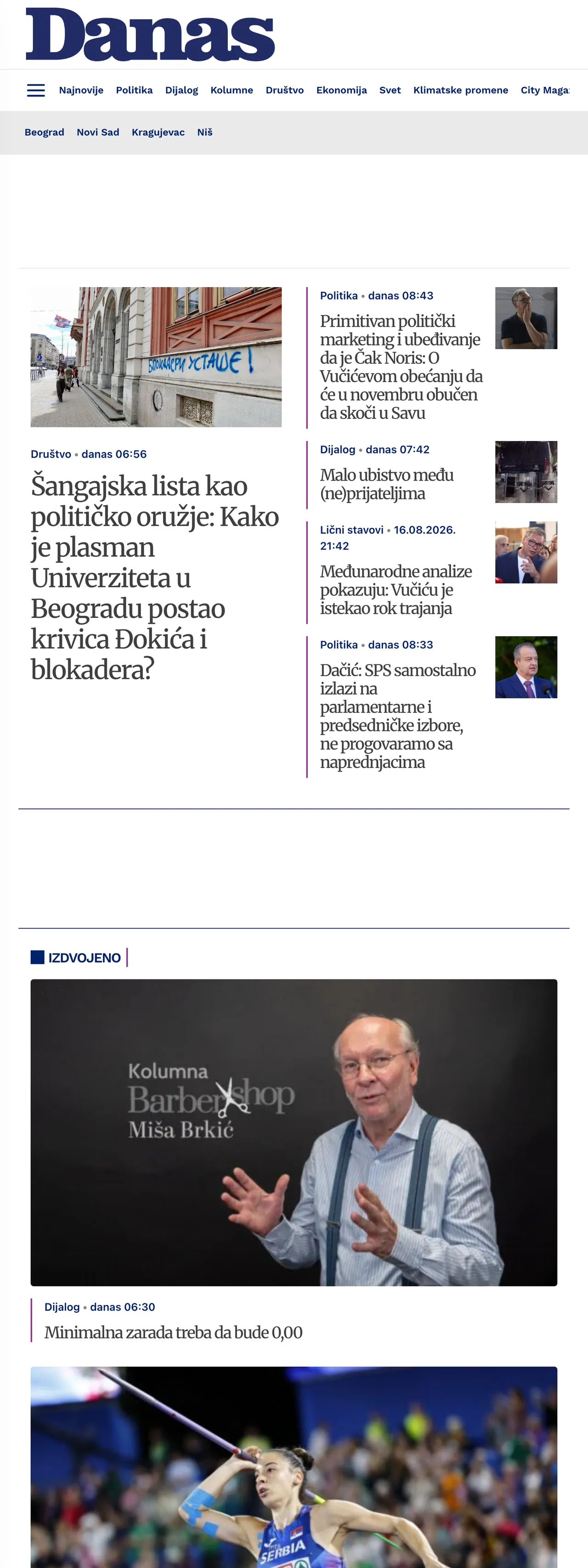 Screenshot of the Danas front page