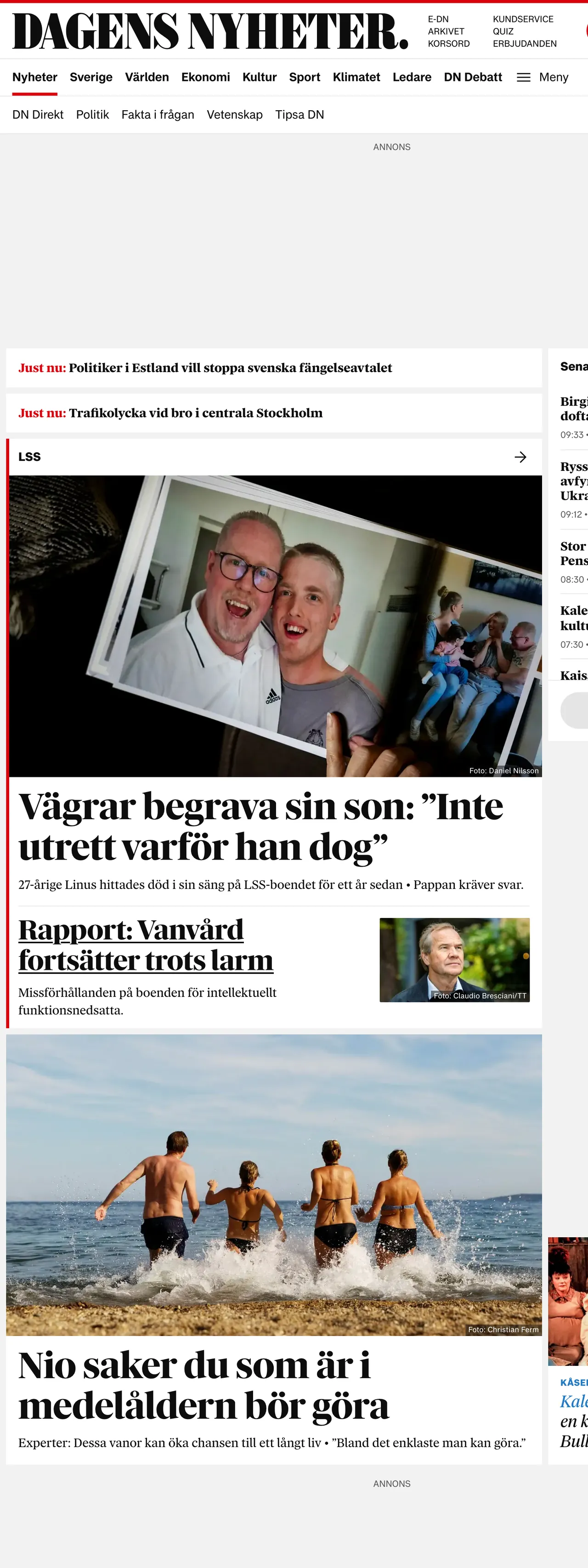Screenshot of the Dagens Nyheter front page
