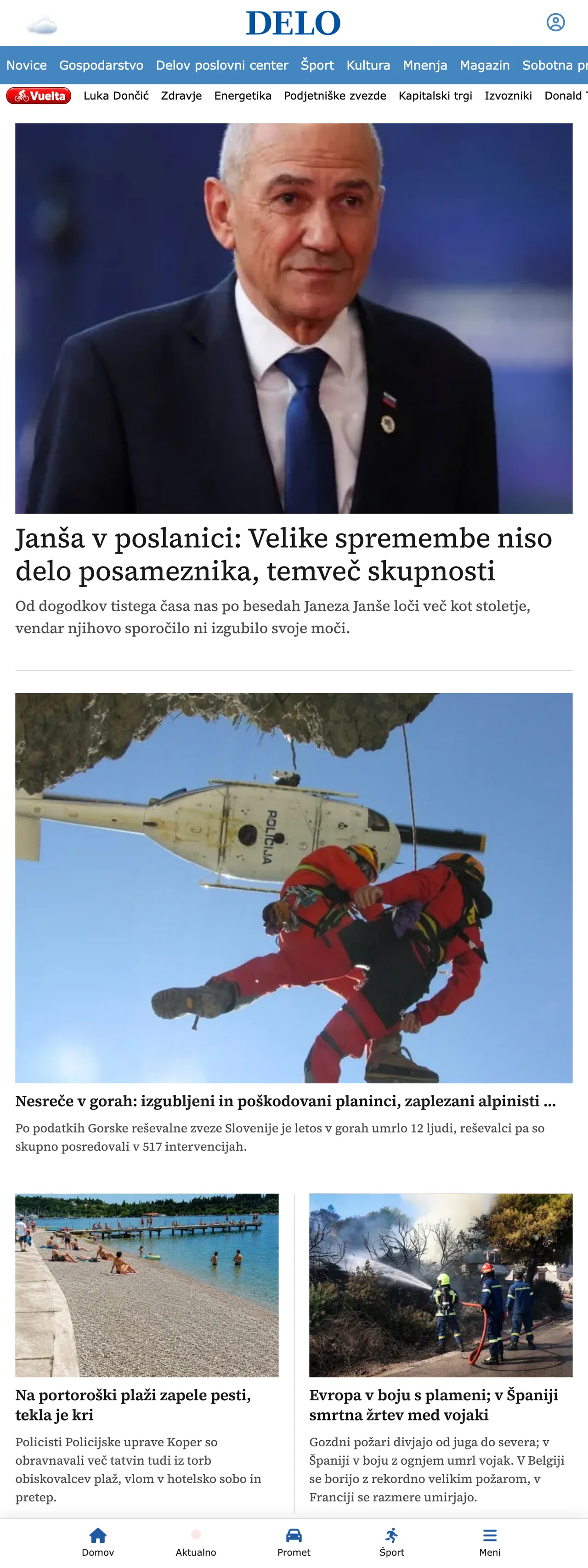 Screenshot of the Delo front page