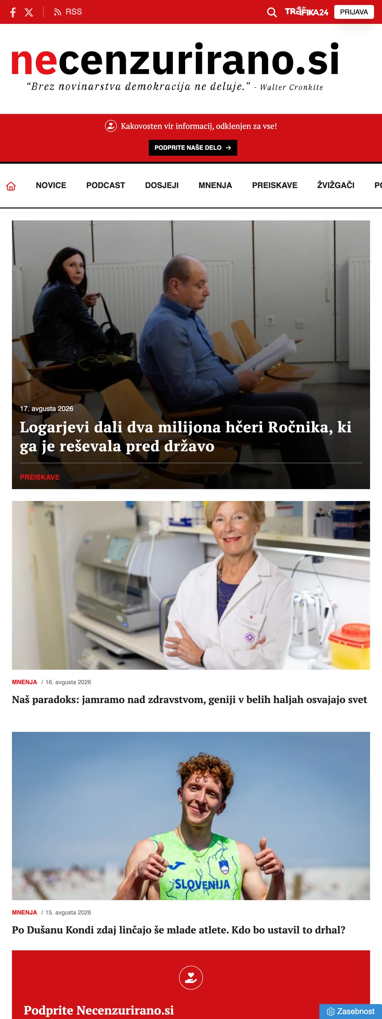 Screenshot of the Necenzurirano front page