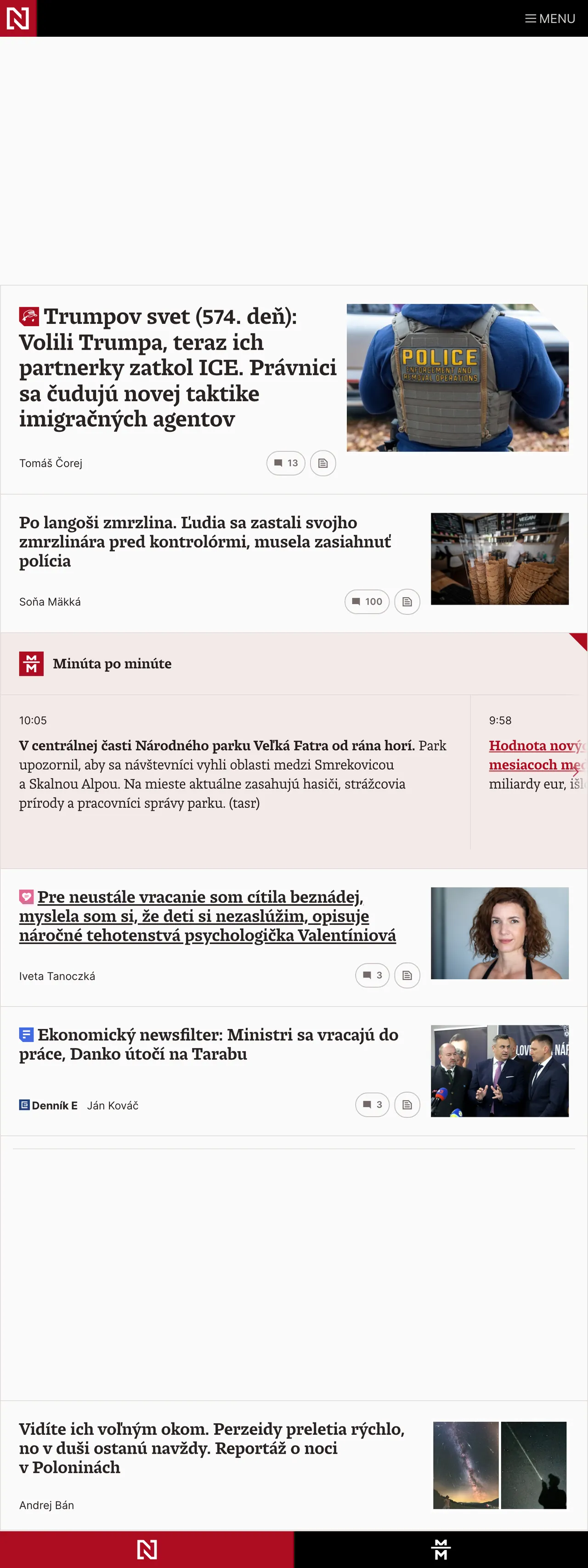 Screenshot of the Denník N front page