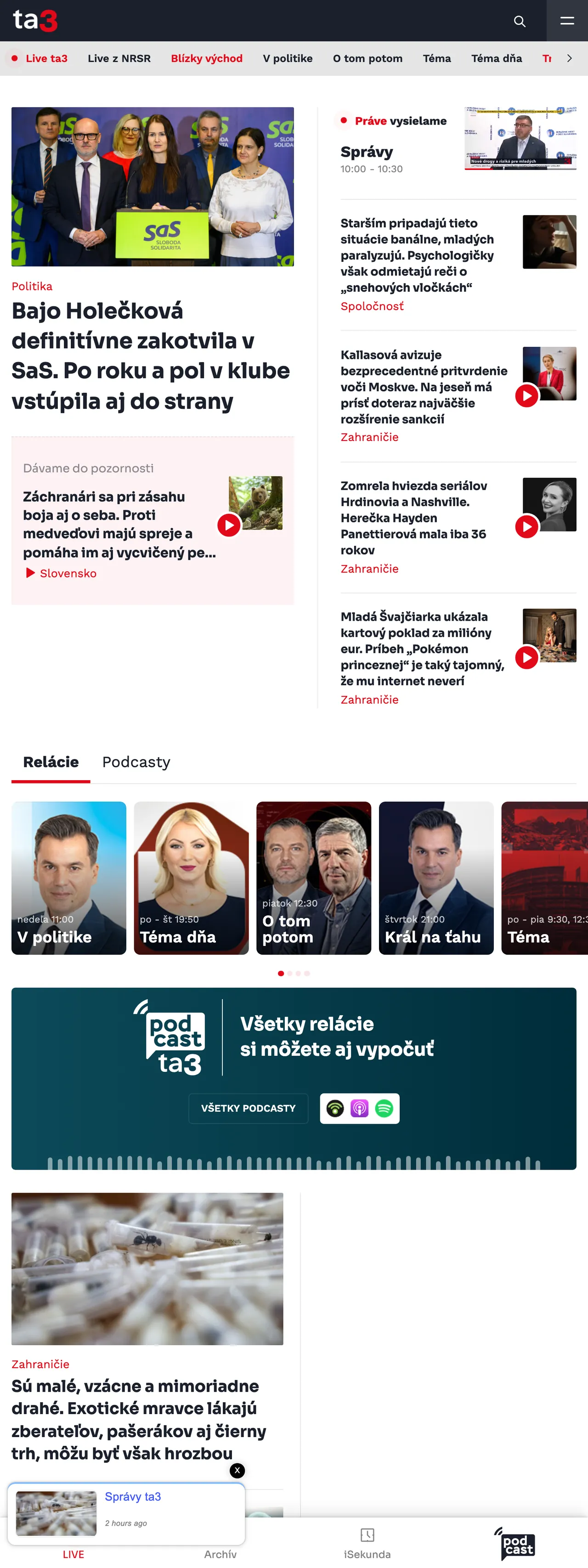 Screenshot of the TA3 front page