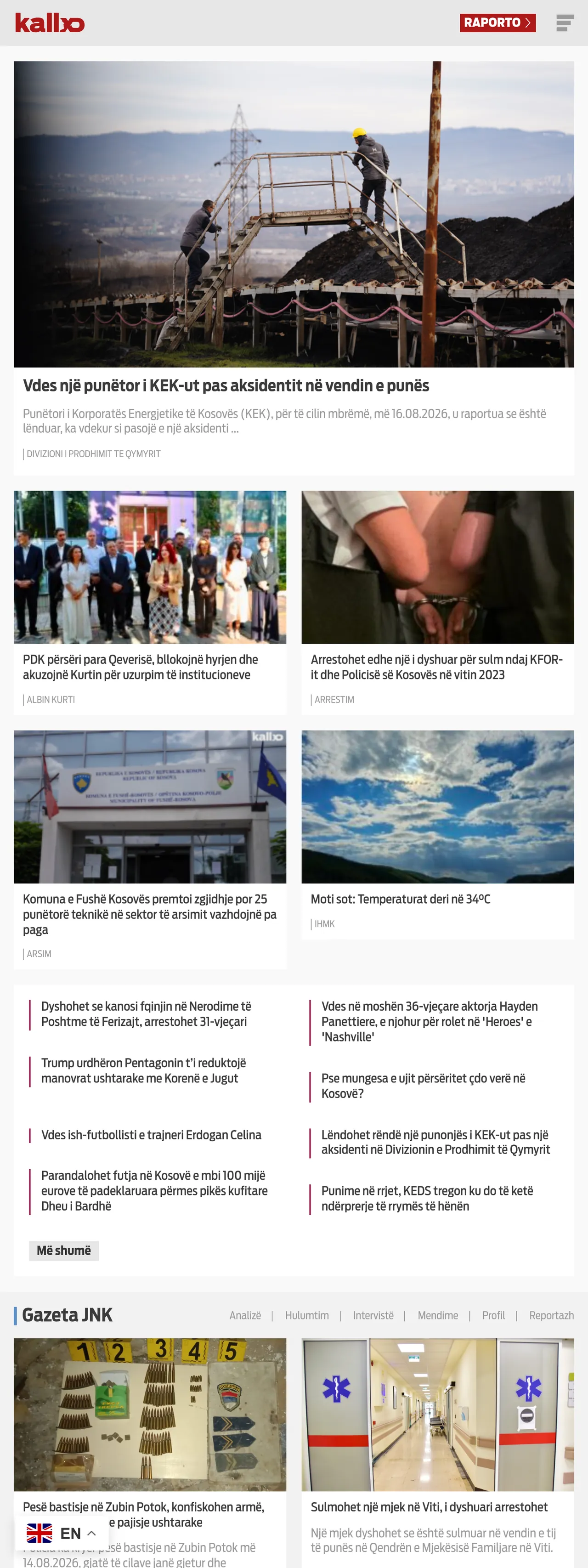 Screenshot of the Kallxo front page