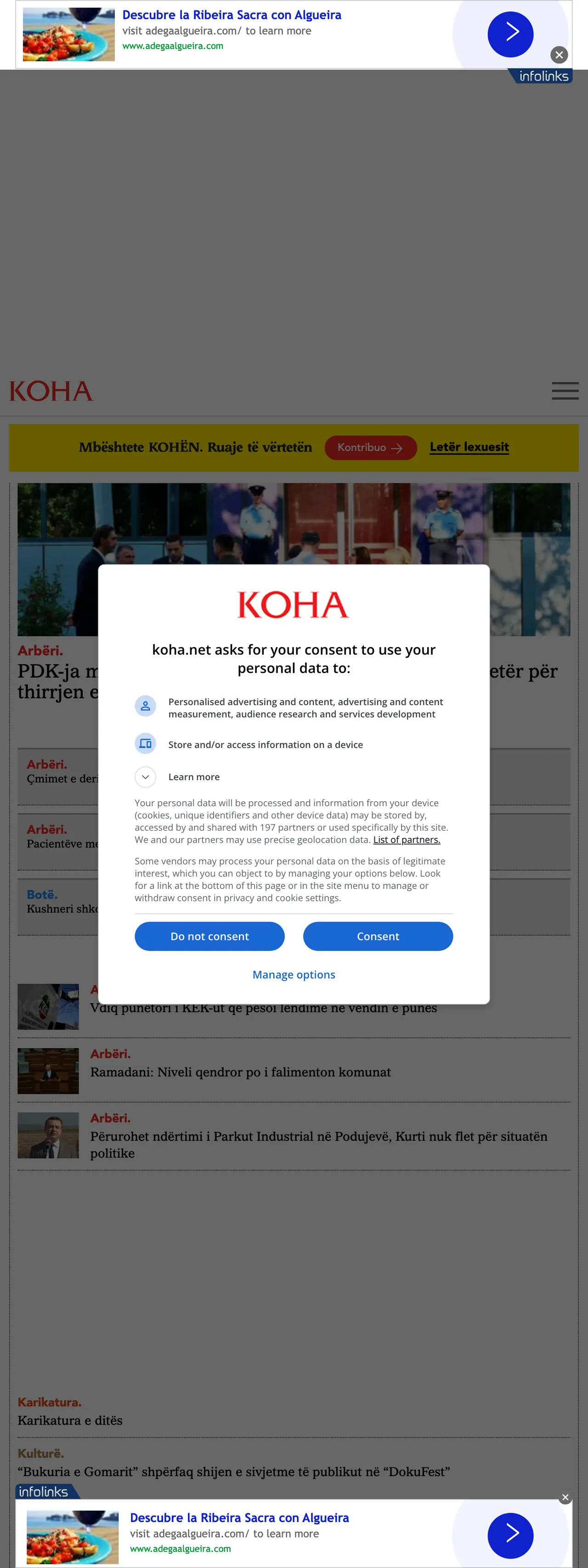 Screenshot of the Koha Ditore front page