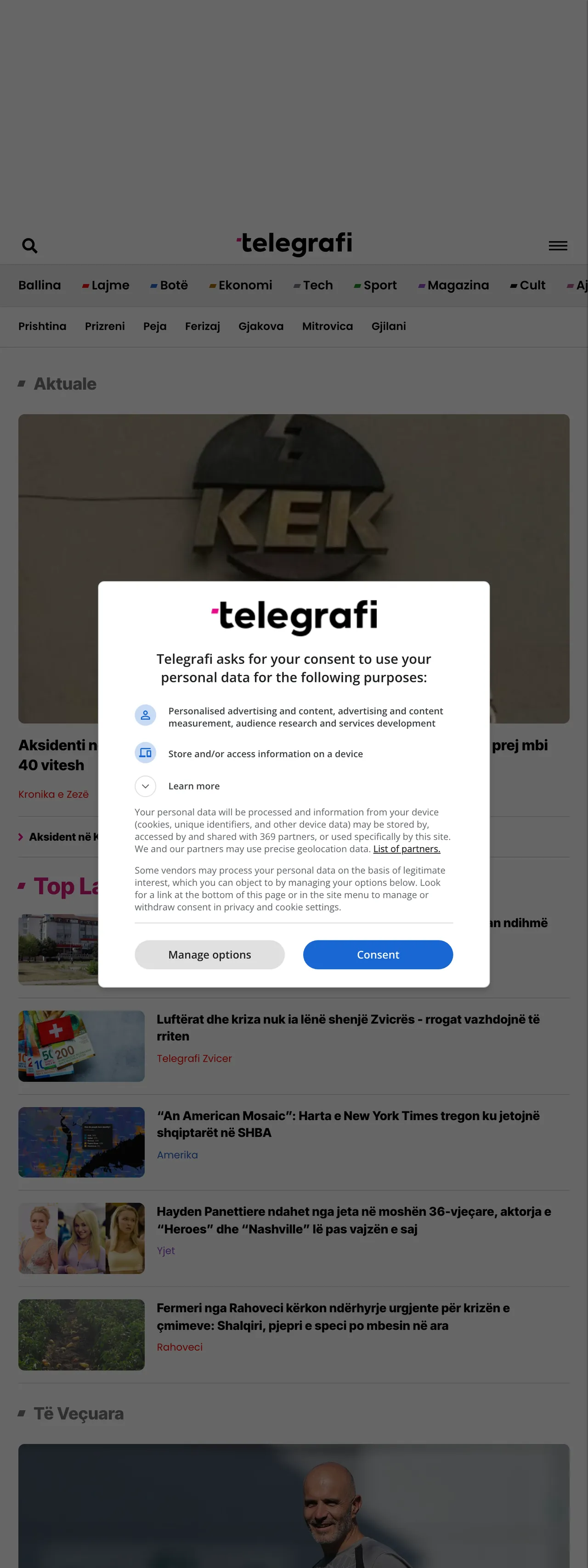 Screenshot of the Telegrafi front page