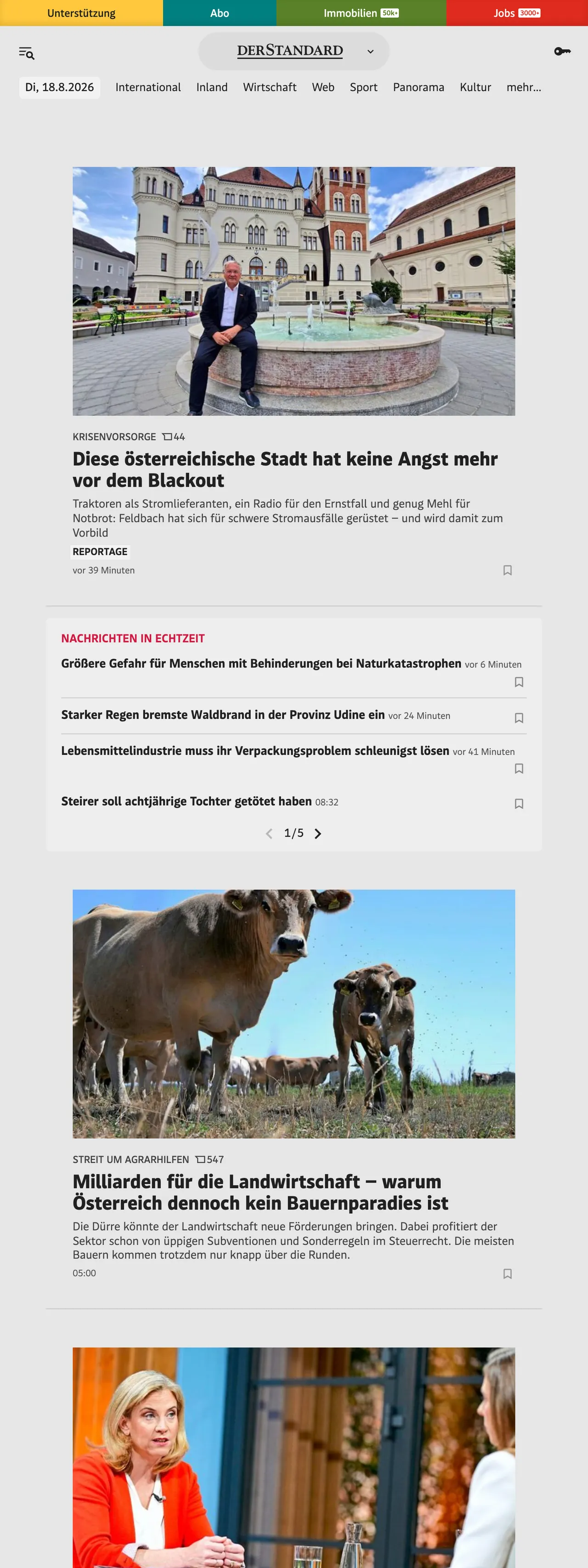 Screenshot of the DER STANDARD front page
