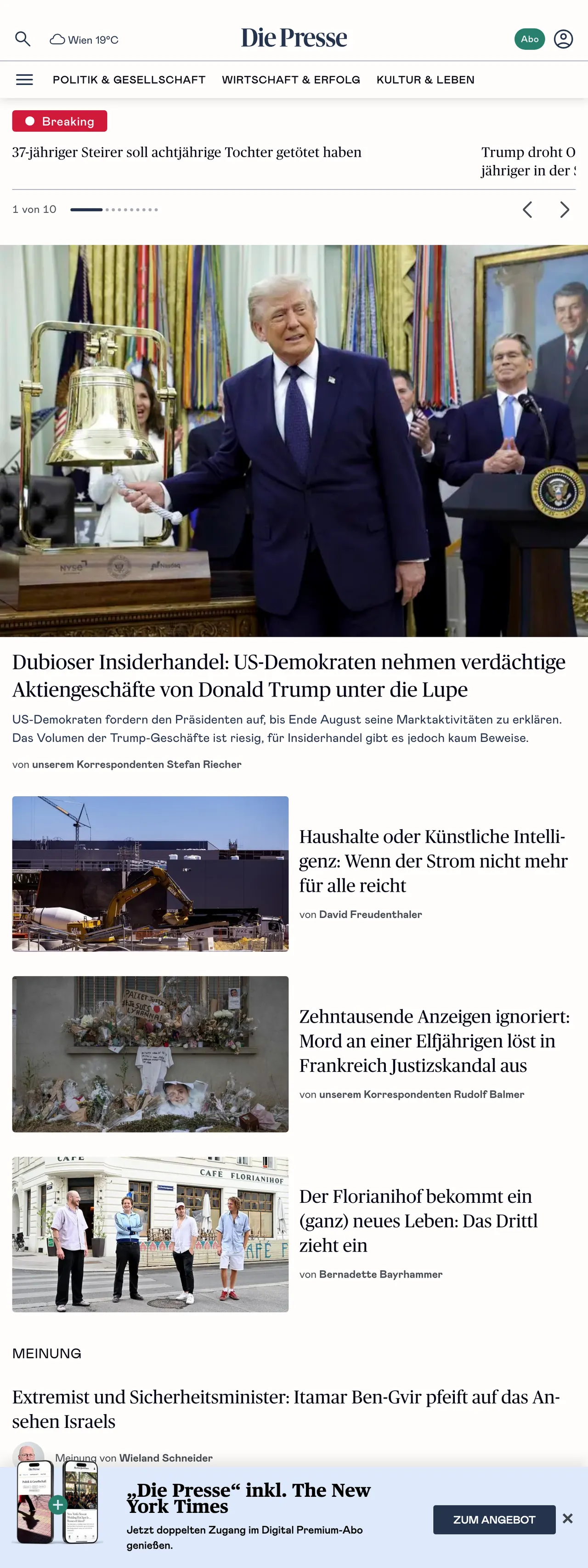 Screenshot of the Die Presse front page