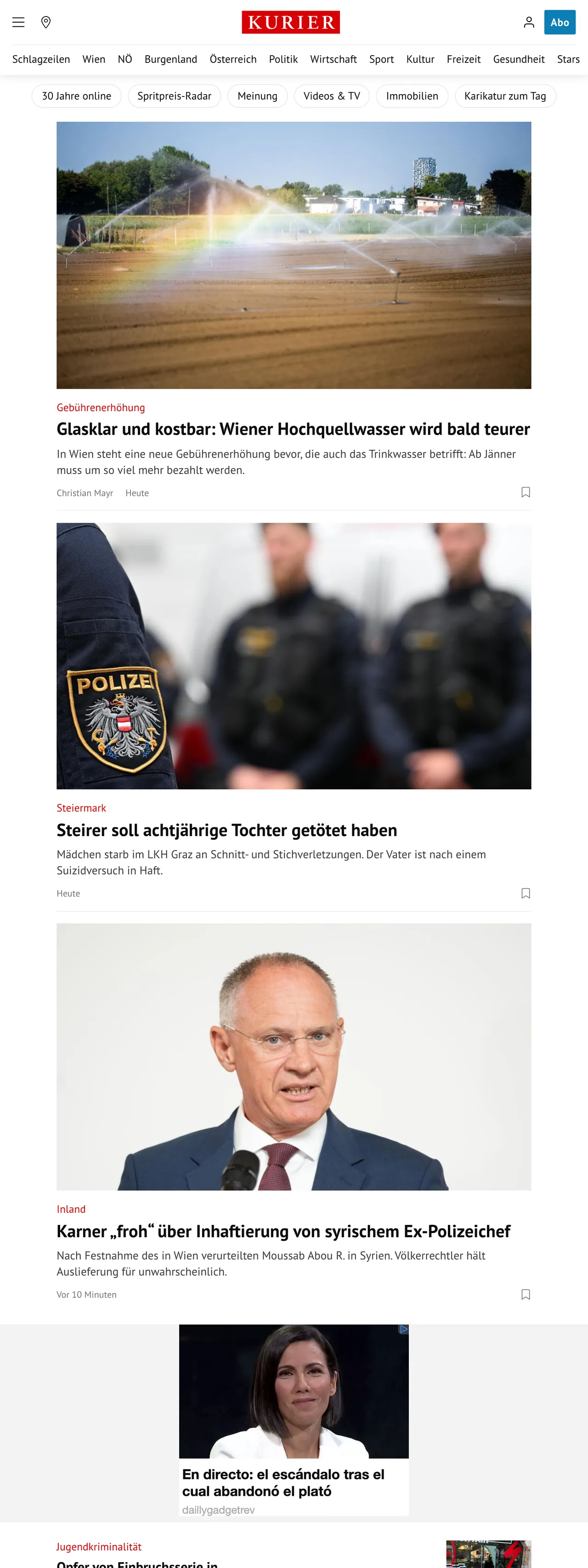 Screenshot of the Kurier front page