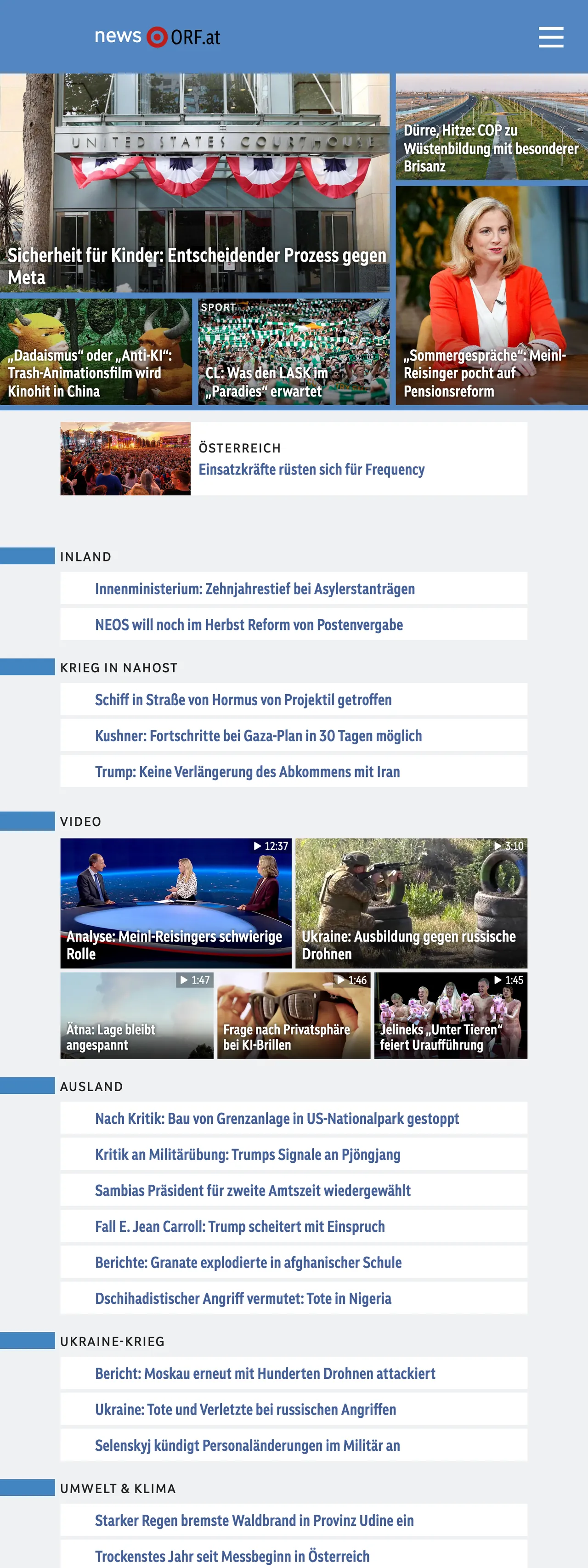 Screenshot of the ORF front page