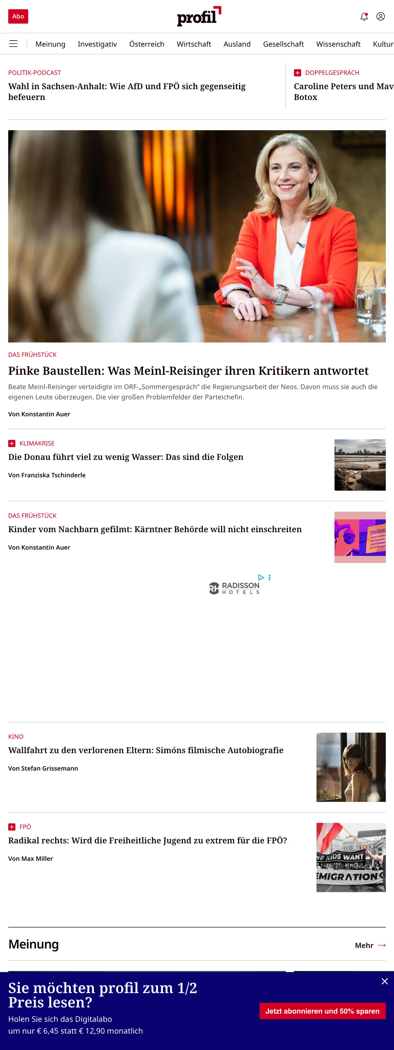 Screenshot of the profil front page