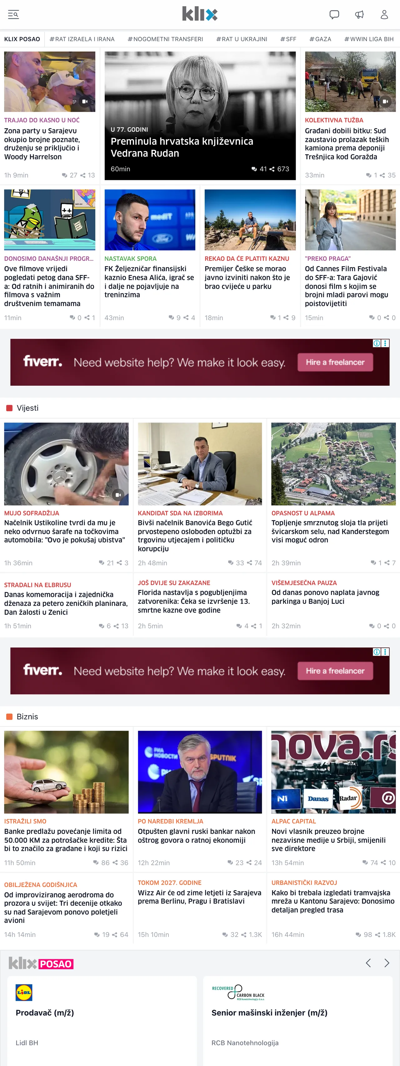 Screenshot of the Klix.ba front page