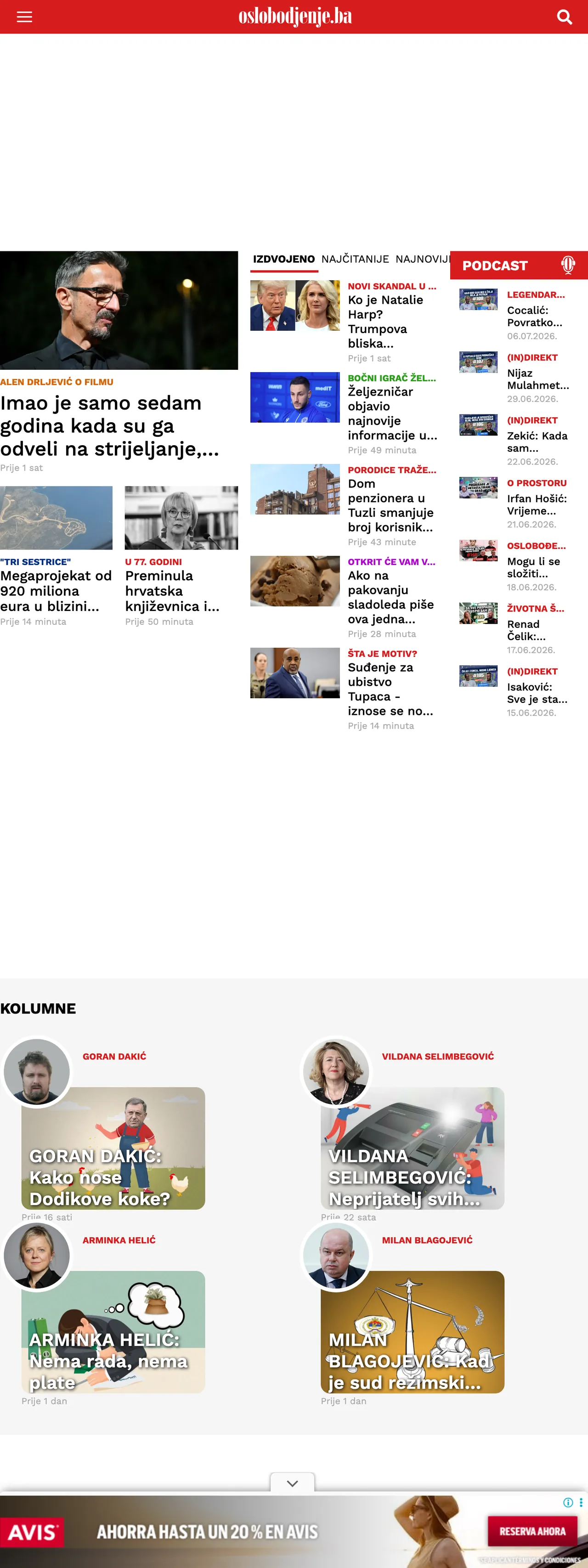 Screenshot of the Oslobođenje front page