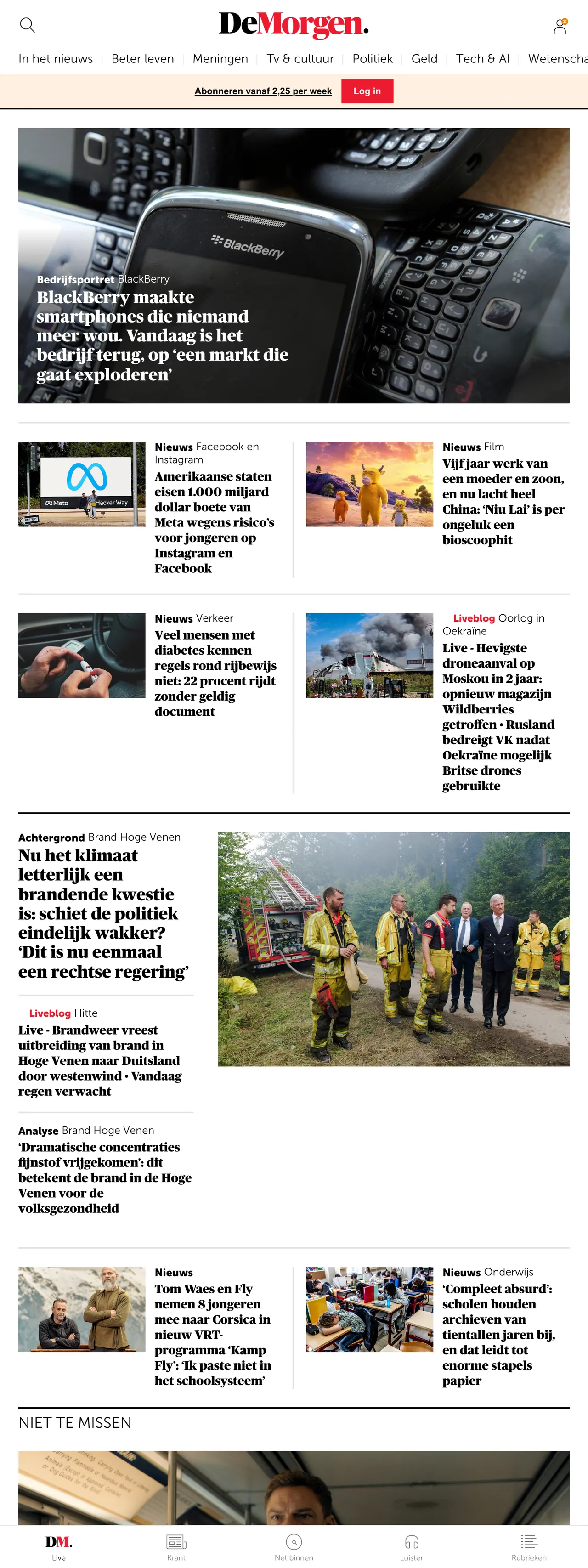 Screenshot of the De Morgen front page