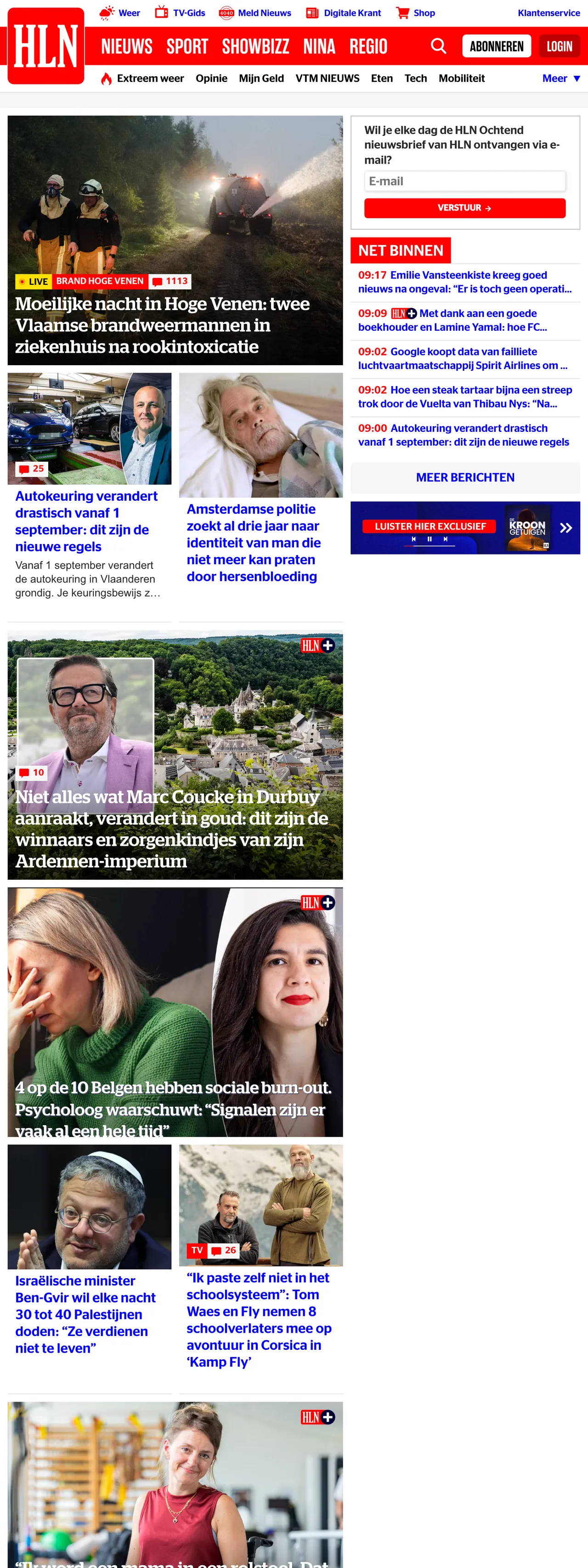 Screenshot of the HLN front page