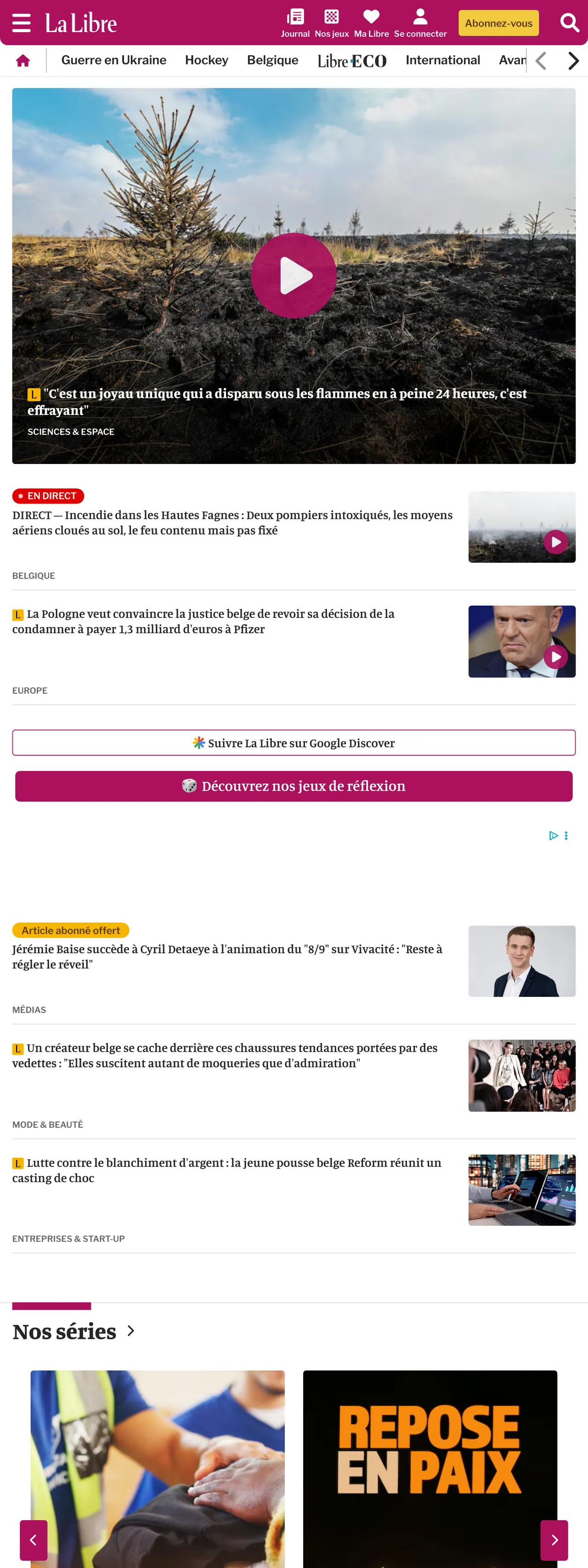 Screenshot of the La Libre front page