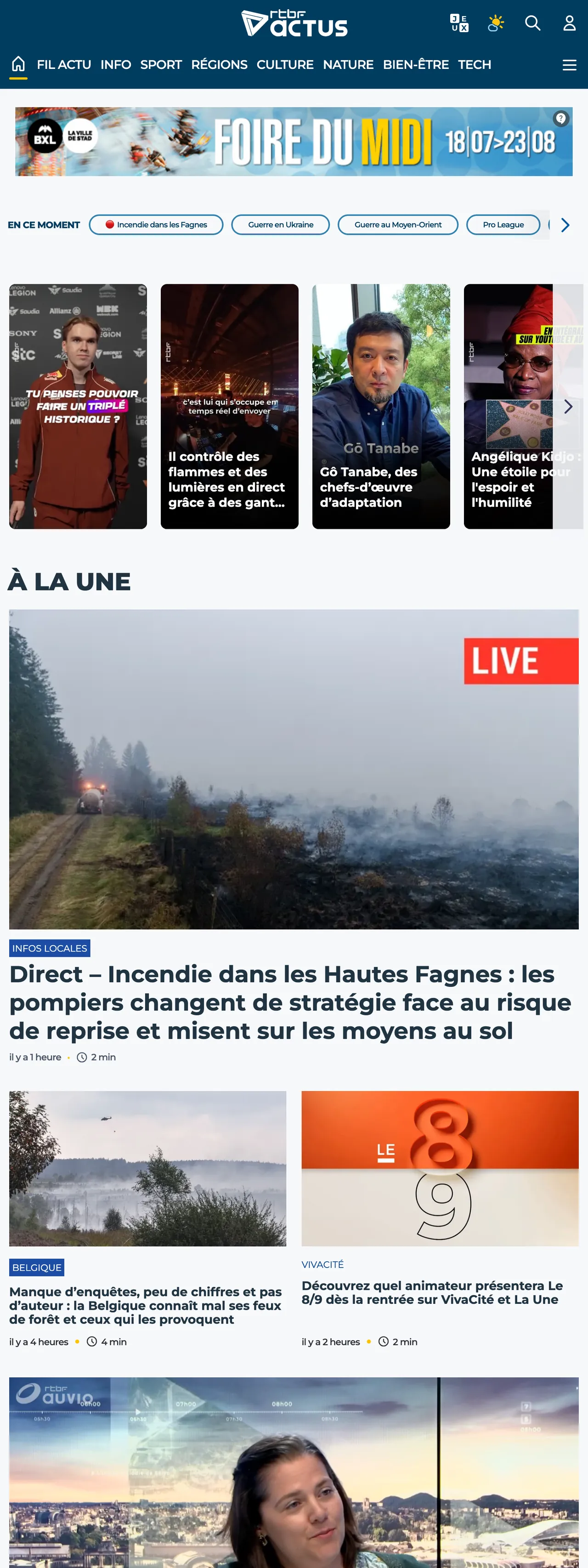 Screenshot of the RTBF front page