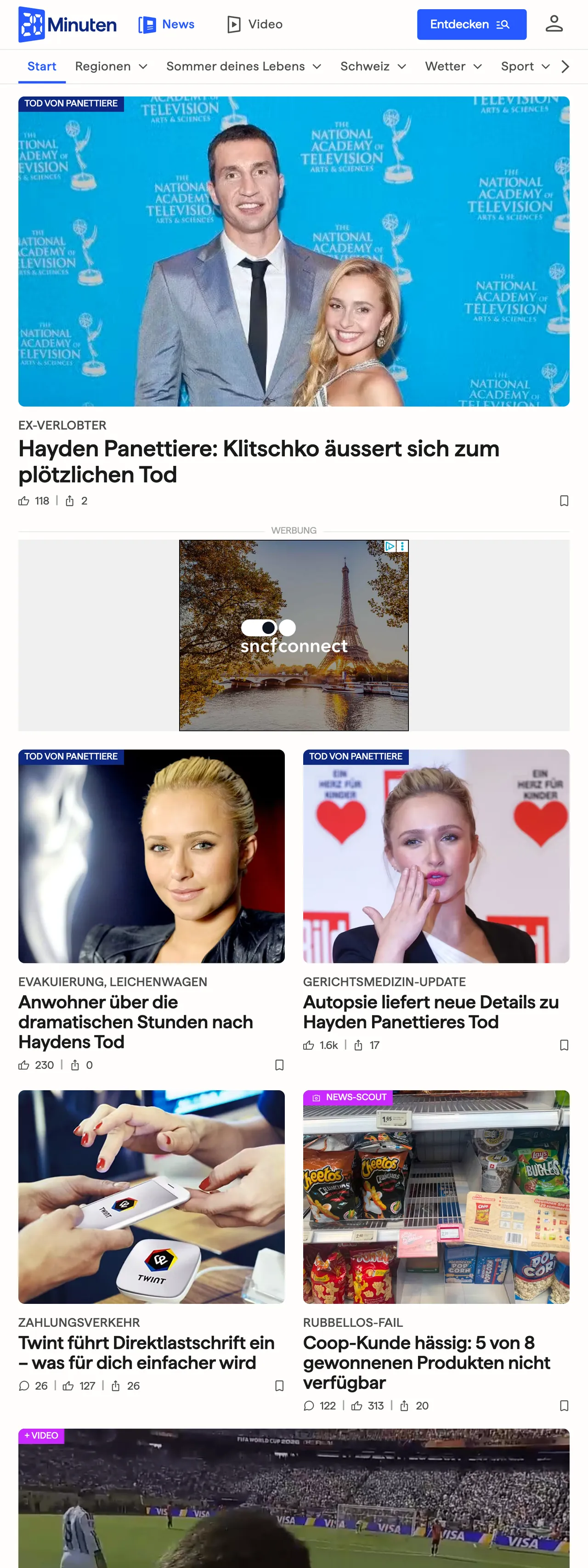 Screenshot of the 20 Minuten front page