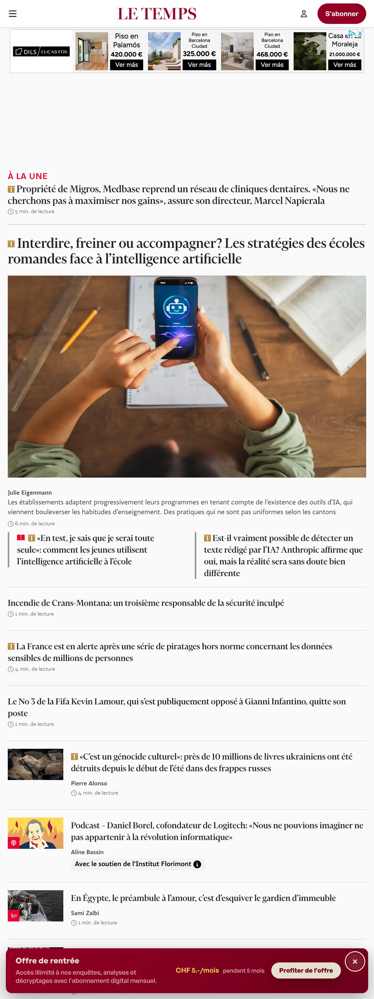 Screenshot of the Le Temps front page
