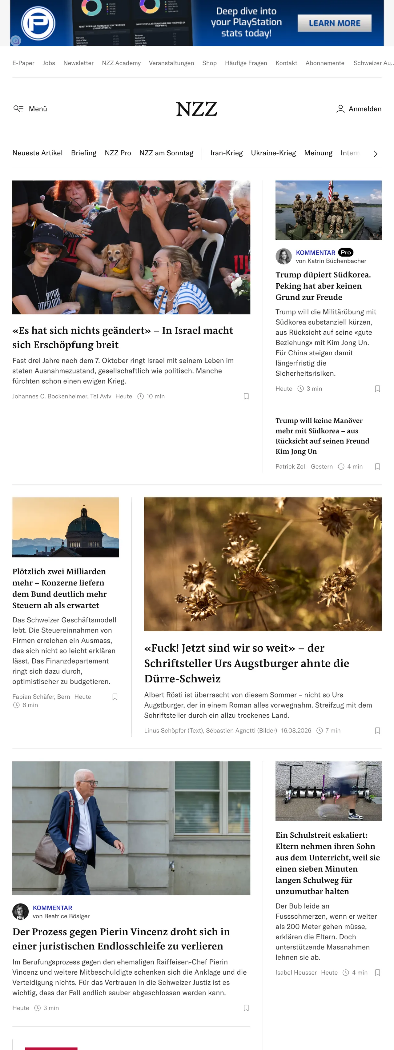 Screenshot of the Neue Zürcher Zeitung front page