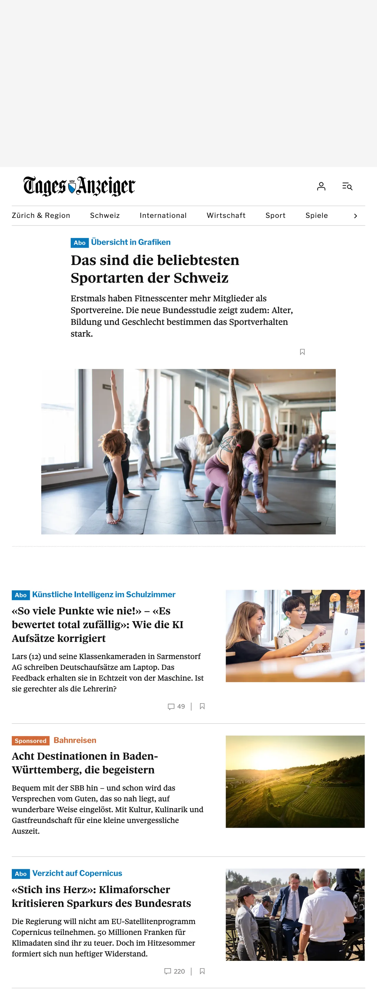 Screenshot of the Tages-Anzeiger front page