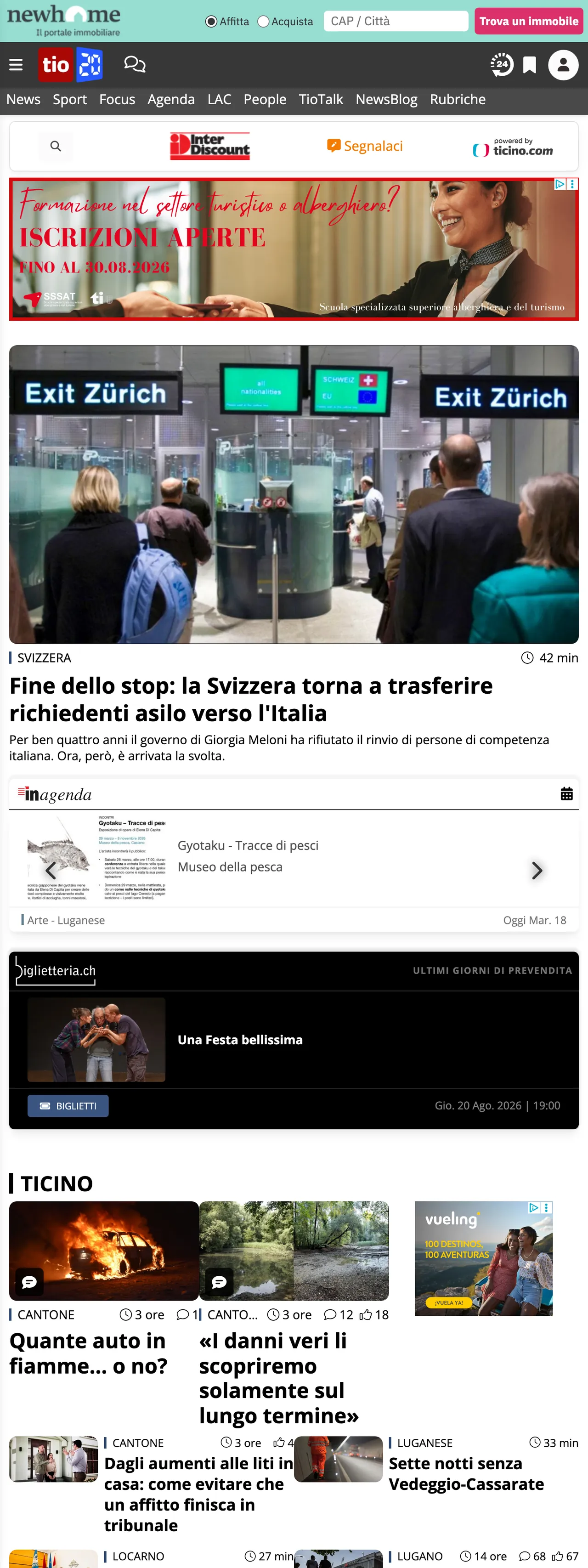 Screenshot of the Ticinonline front page