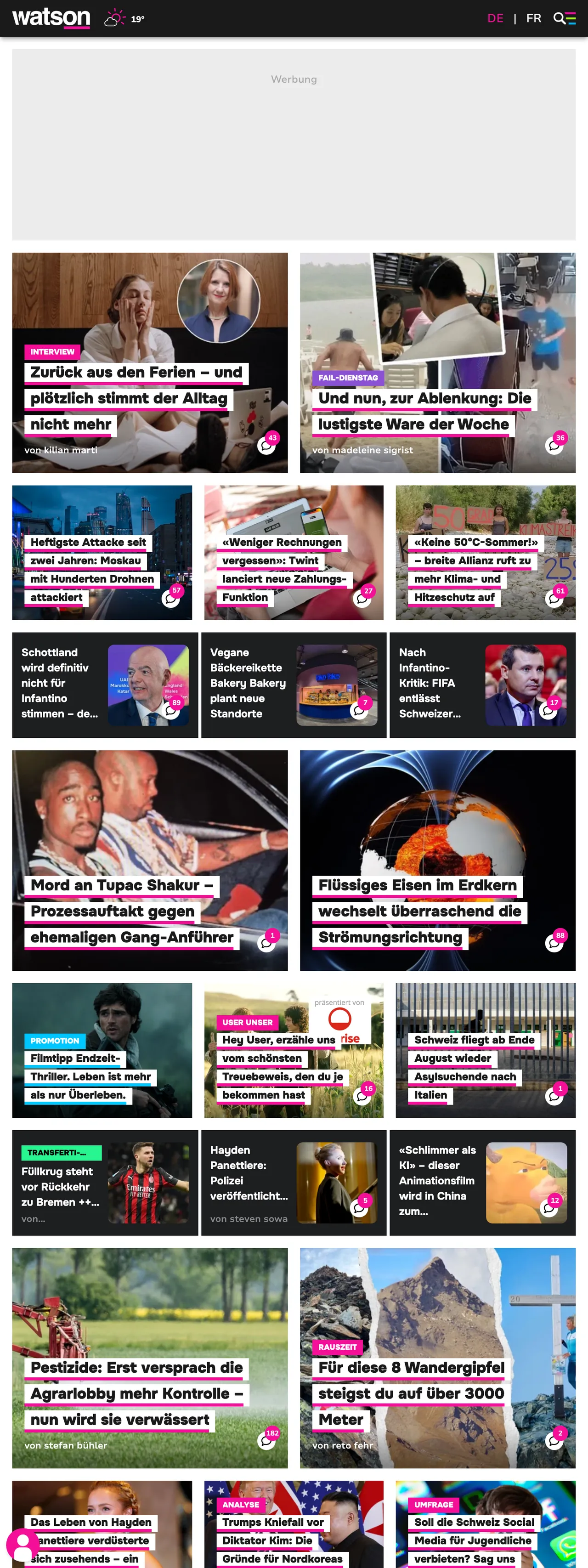 Screenshot of the watson front page