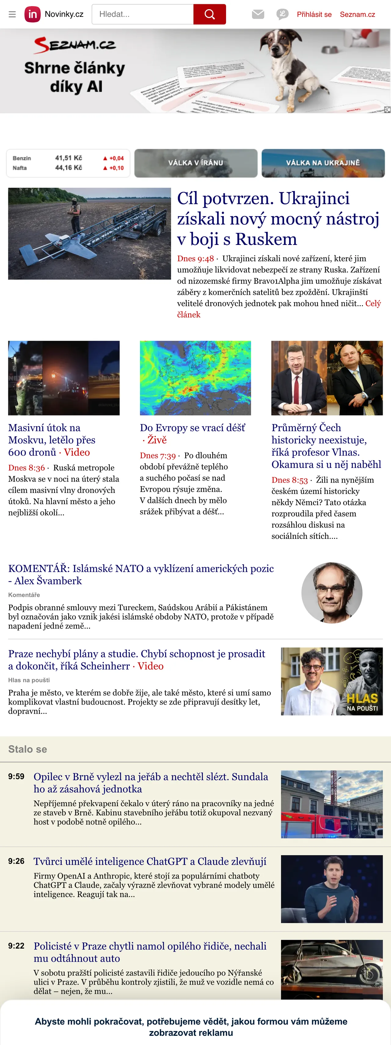 Screenshot of the Novinky.cz front page