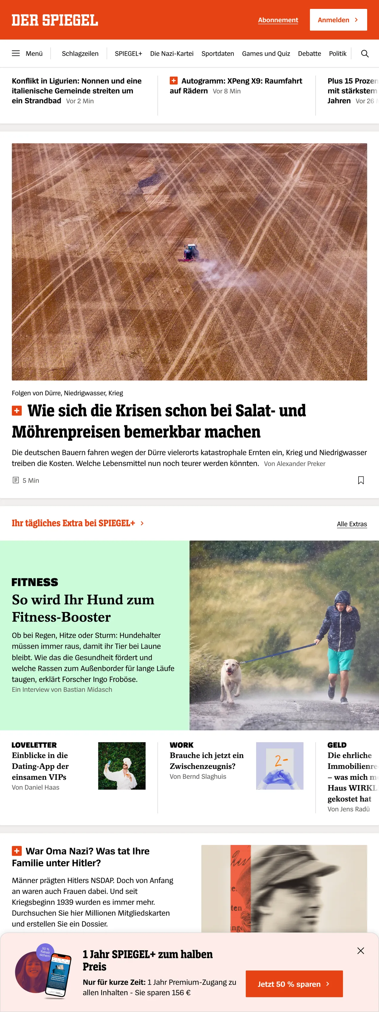 Screenshot of the DER SPIEGEL front page