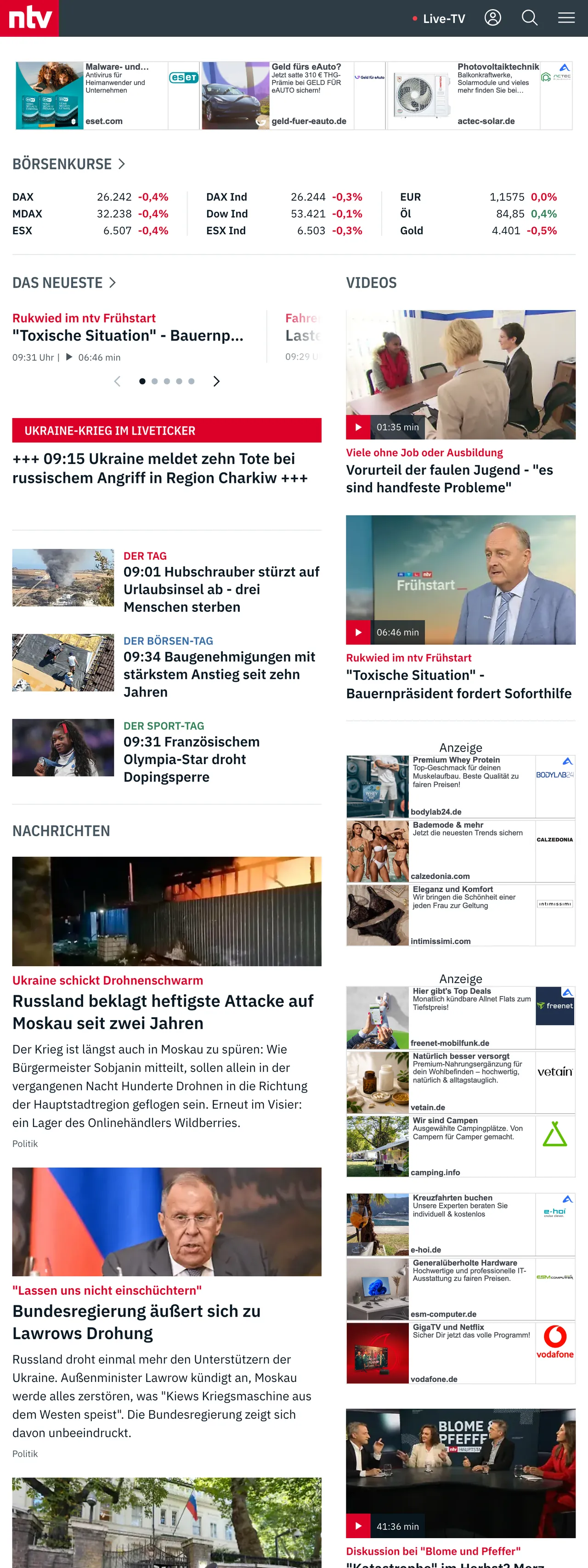 Screenshot of the n-tv front page