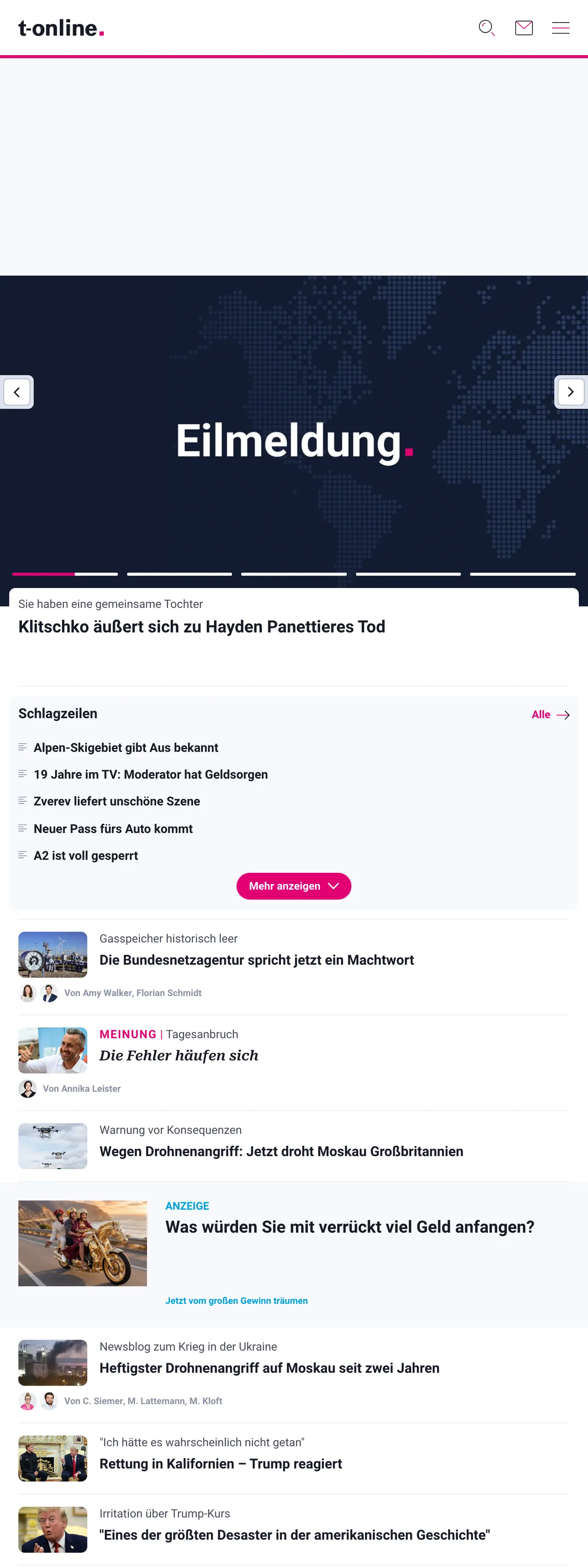Screenshot of the t-online front page