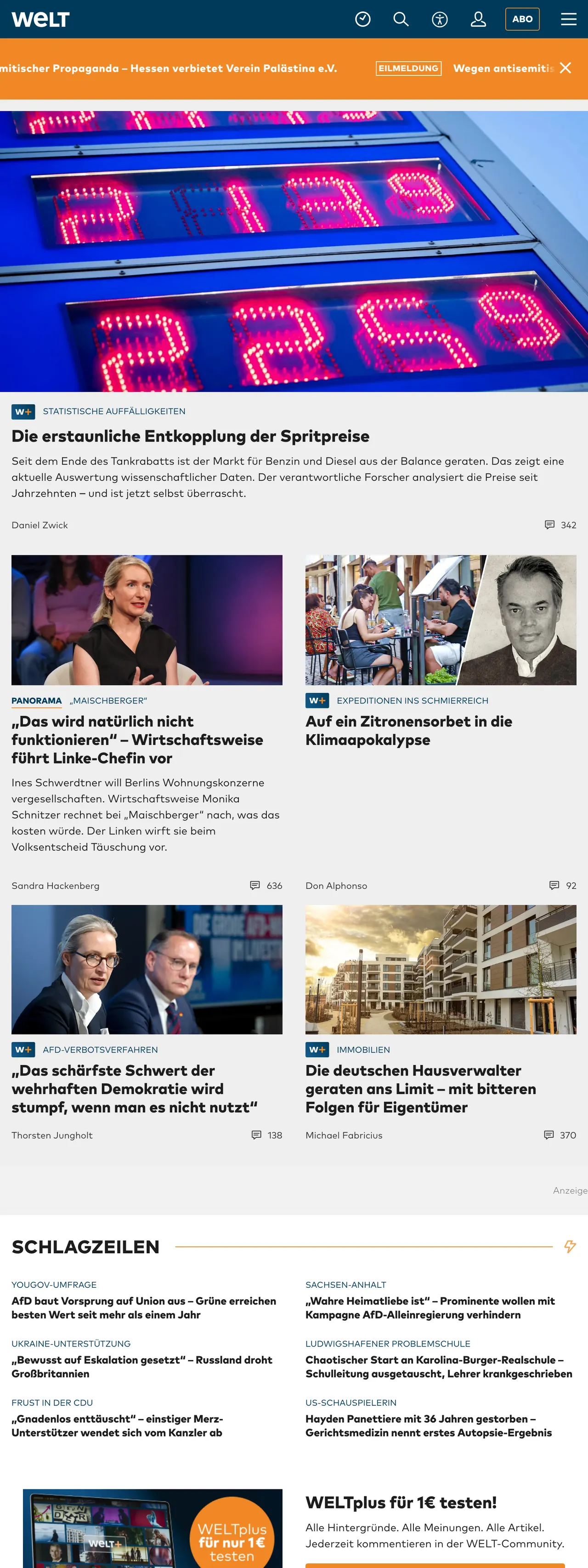 Screenshot of the WELT front page