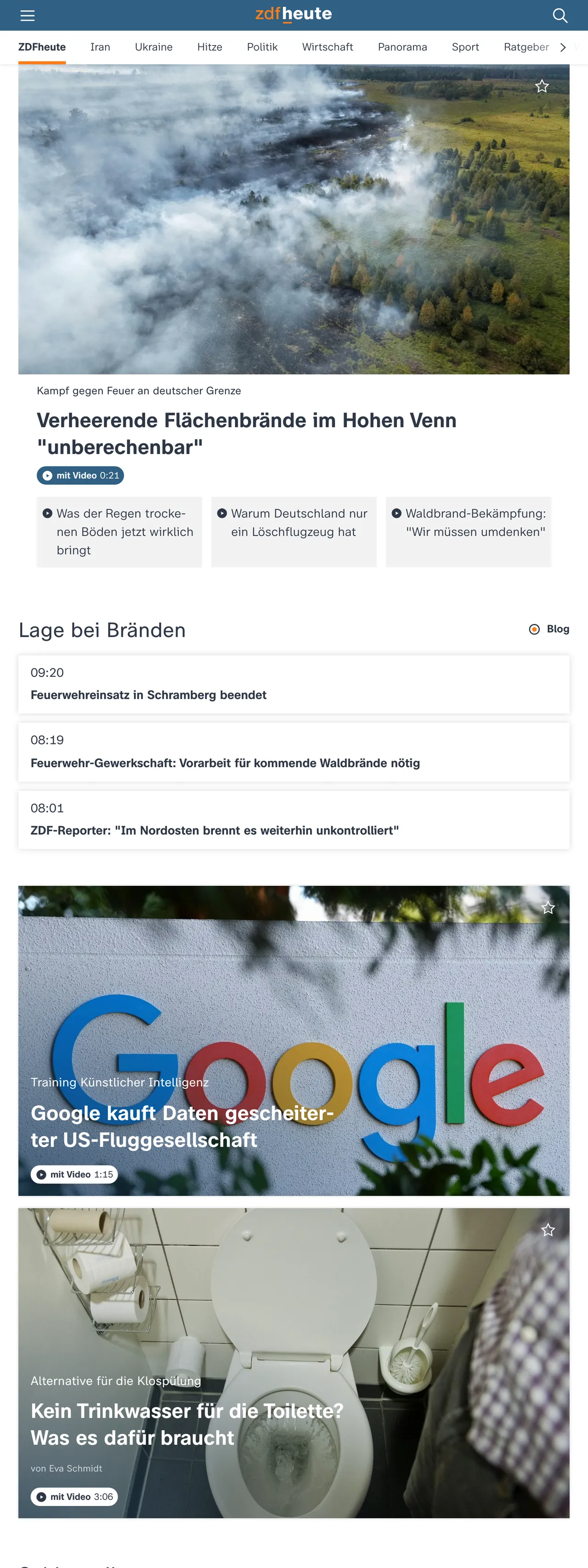 Screenshot of the ZDFheute front page