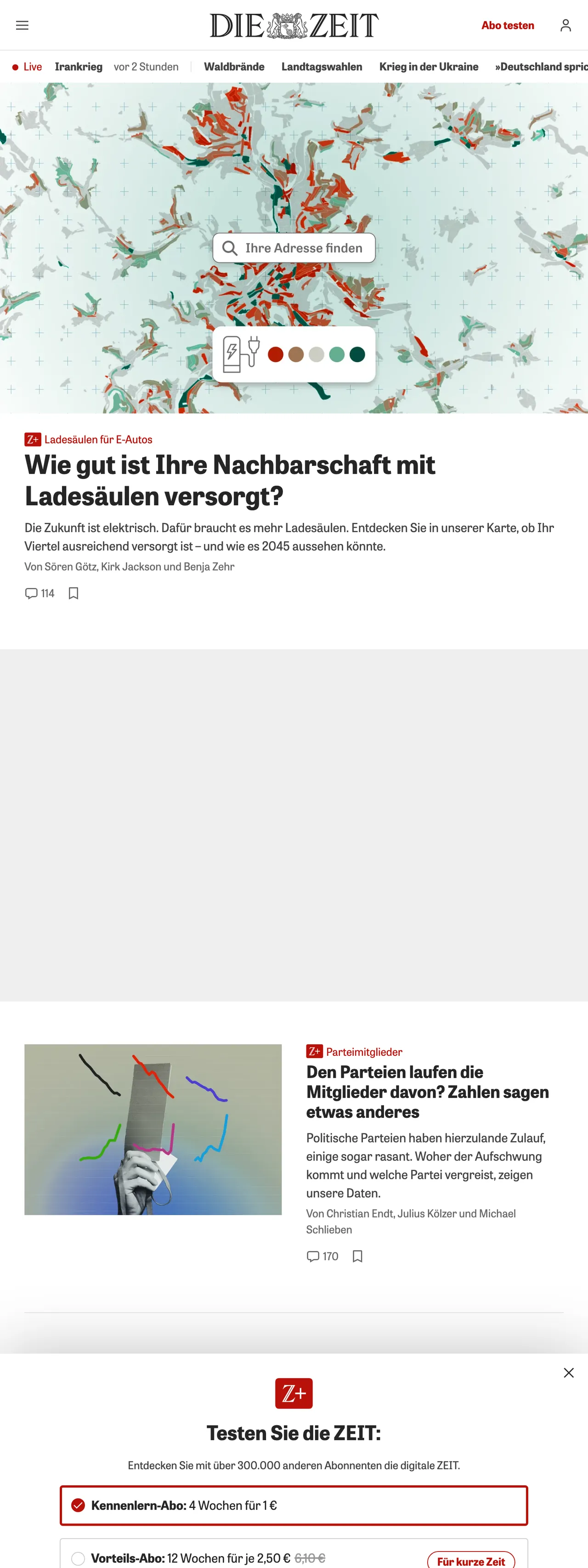 Screenshot of the ZEIT ONLINE front page