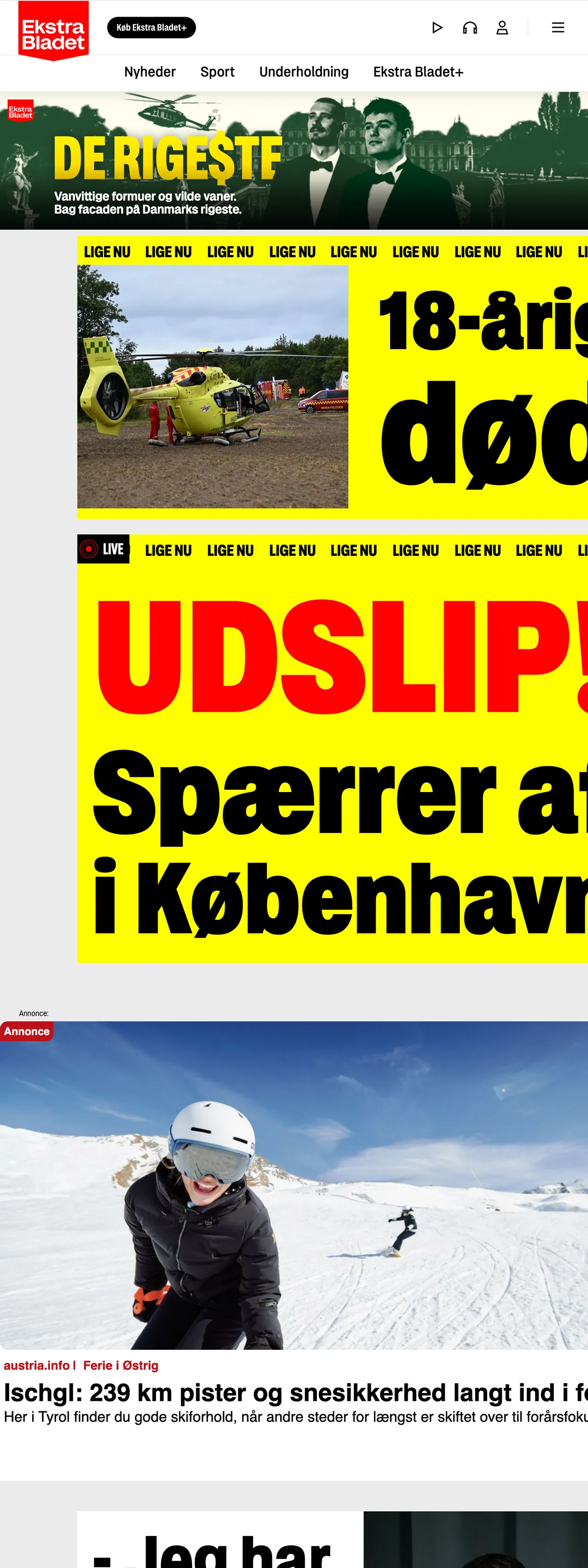 Screenshot of the Ekstra Bladet front page