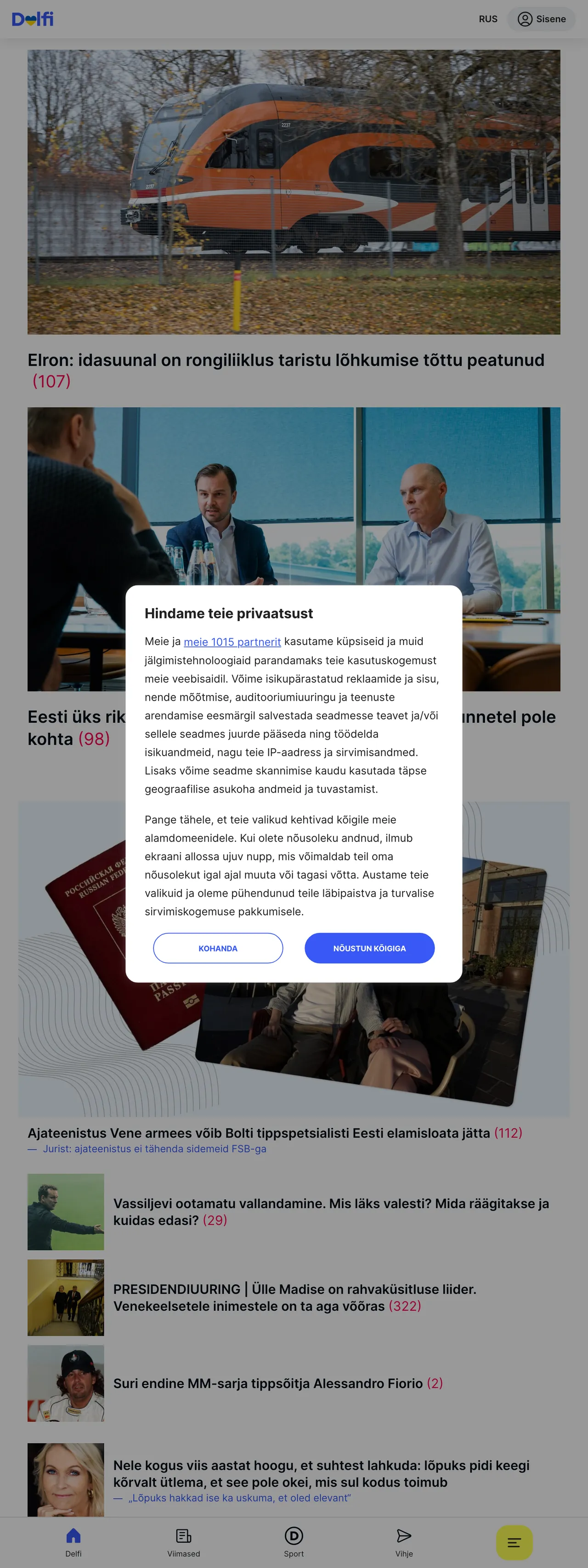 Screenshot of the Delfi front page