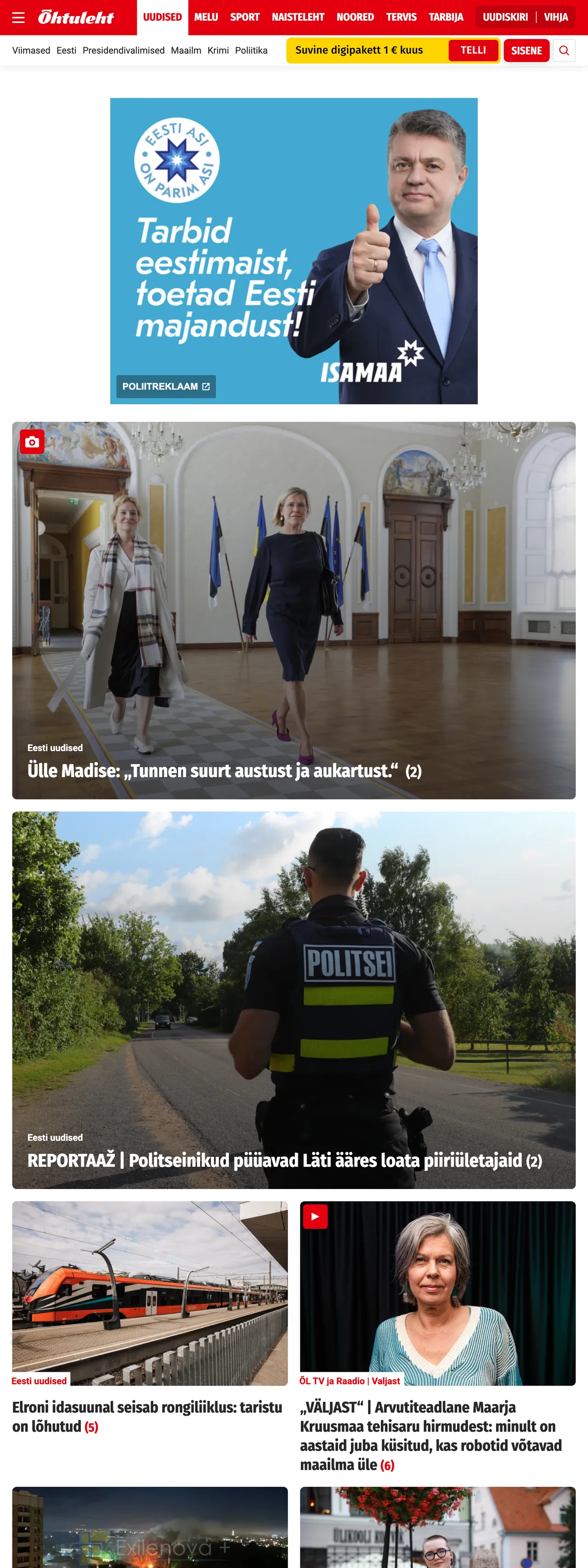 Screenshot of the Õhtuleht front page