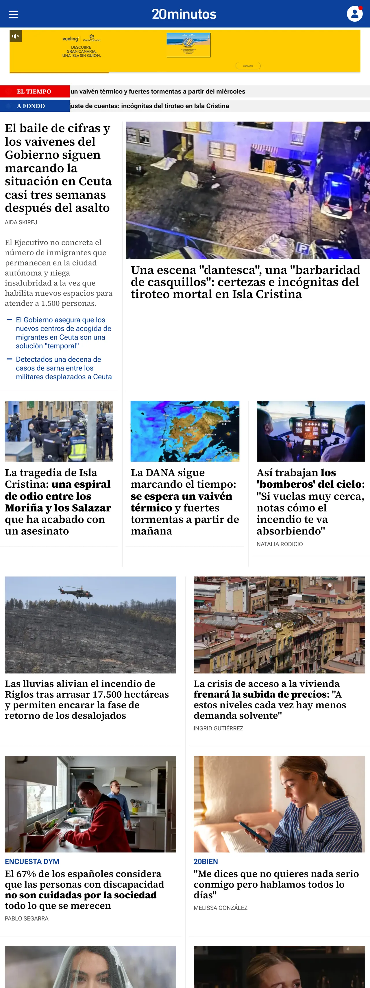 Screenshot of the 20minutos front page