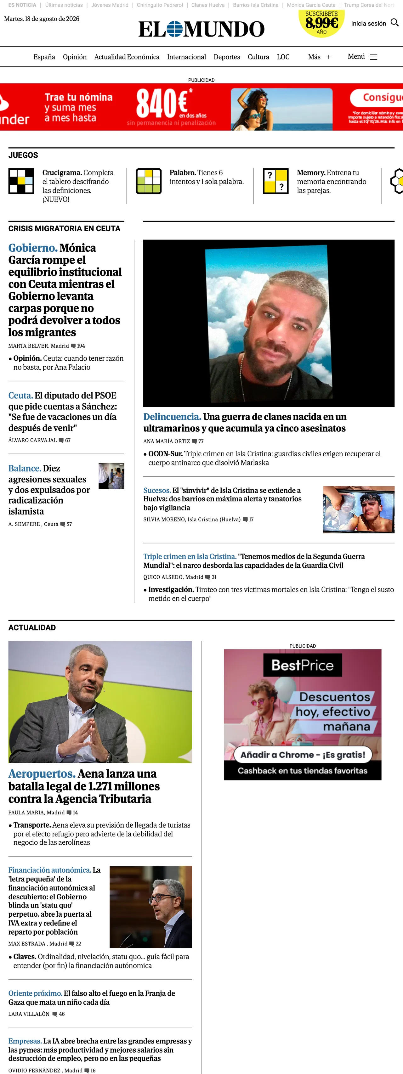 Screenshot of the El Mundo front page