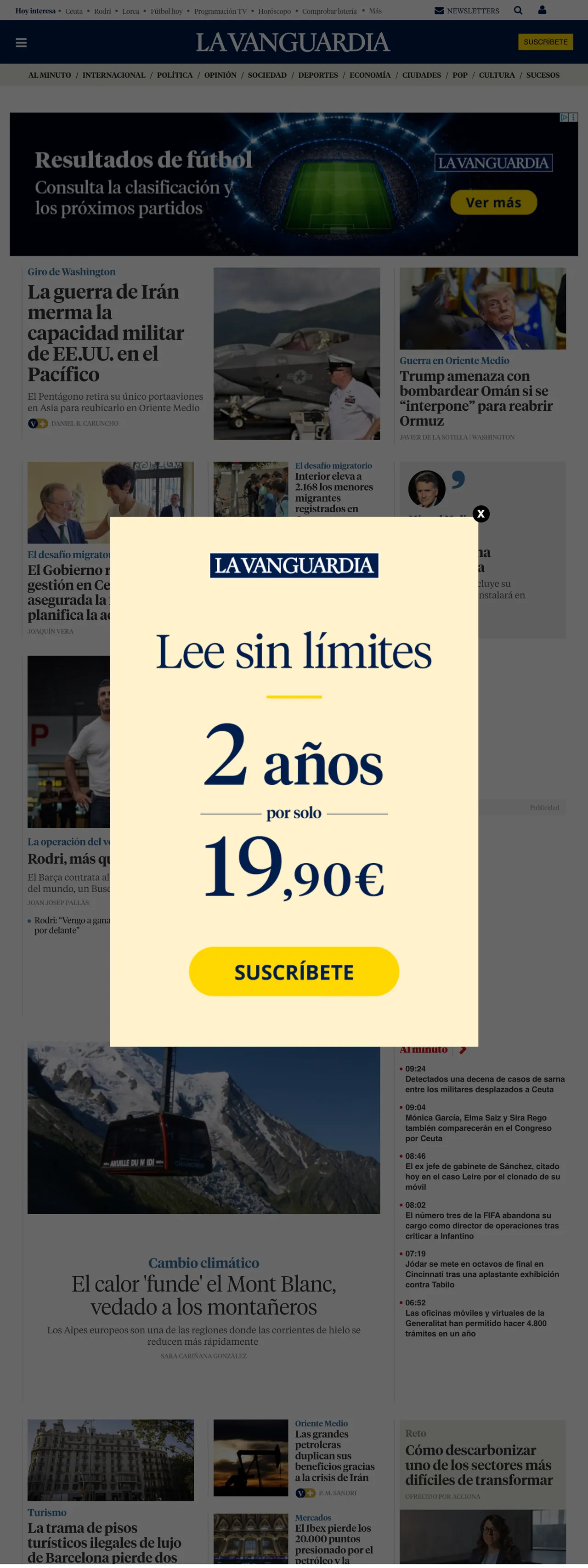 Screenshot of the La Vanguardia front page