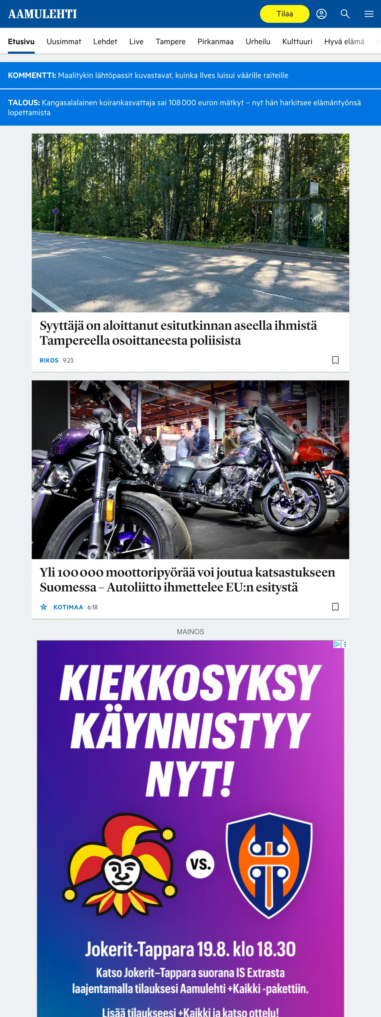 Screenshot of the Aamulehti front page