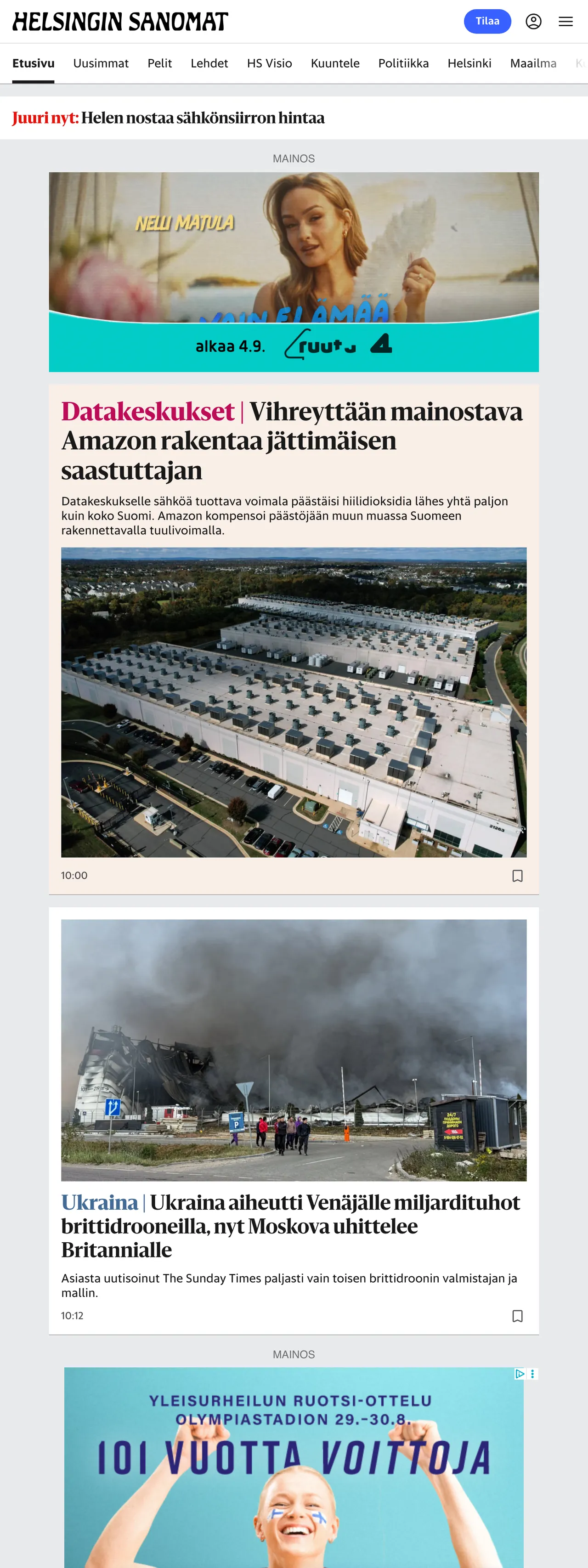 Screenshot of the Helsingin Sanomat front page