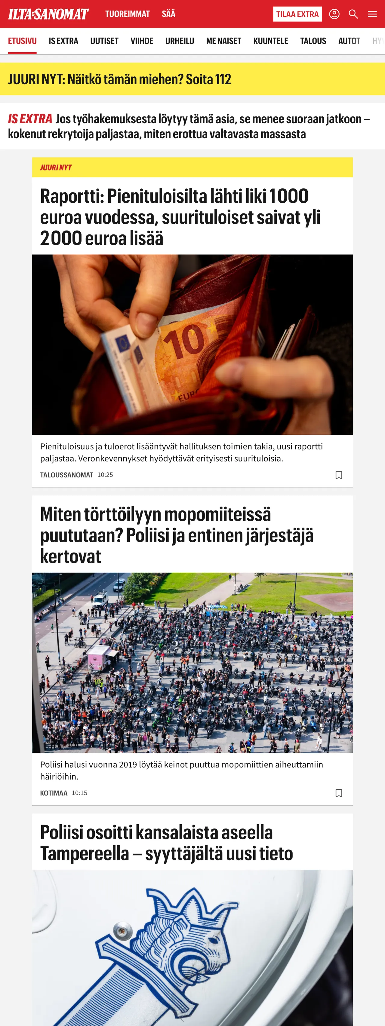 Screenshot of the Ilta-Sanomat front page