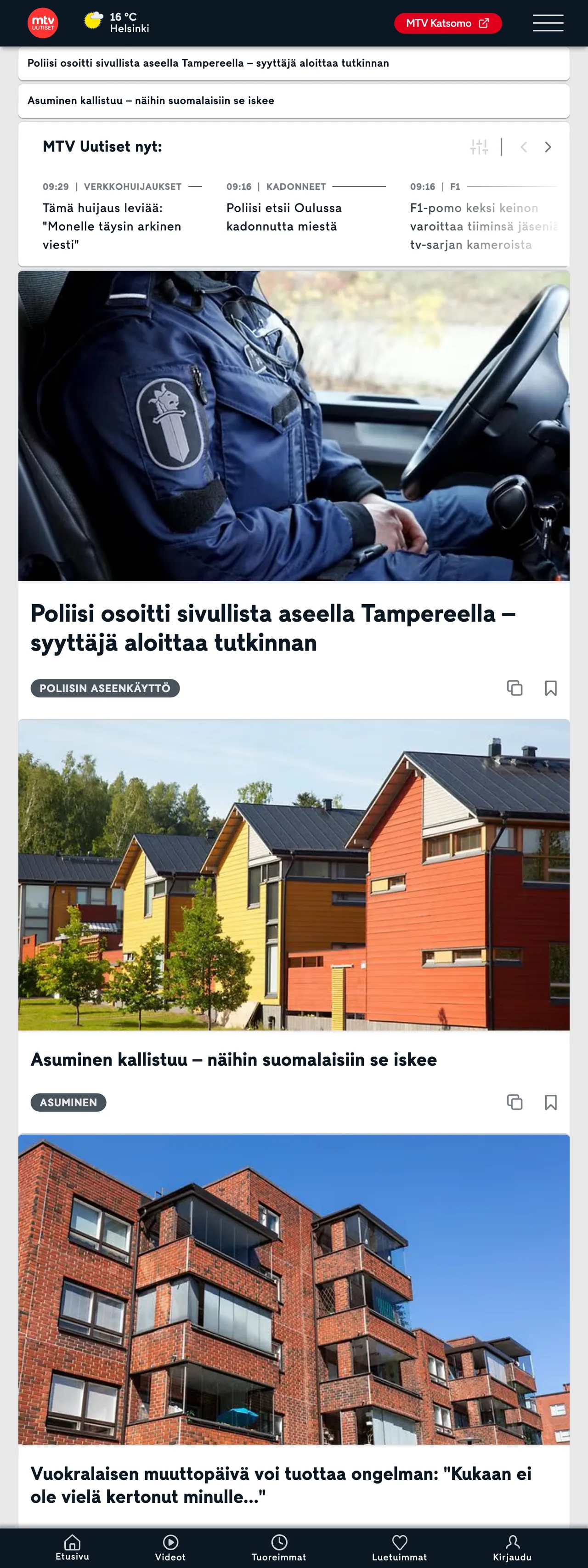 Screenshot of the MTV Uutiset front page