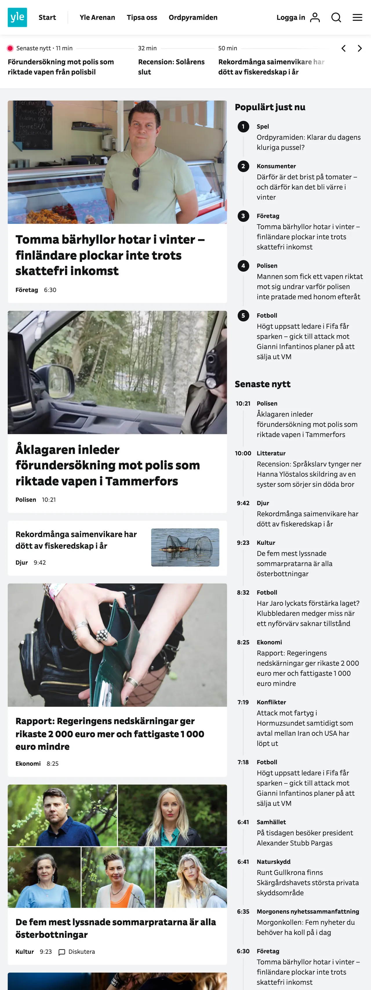Screenshot of the Svenska Yle front page