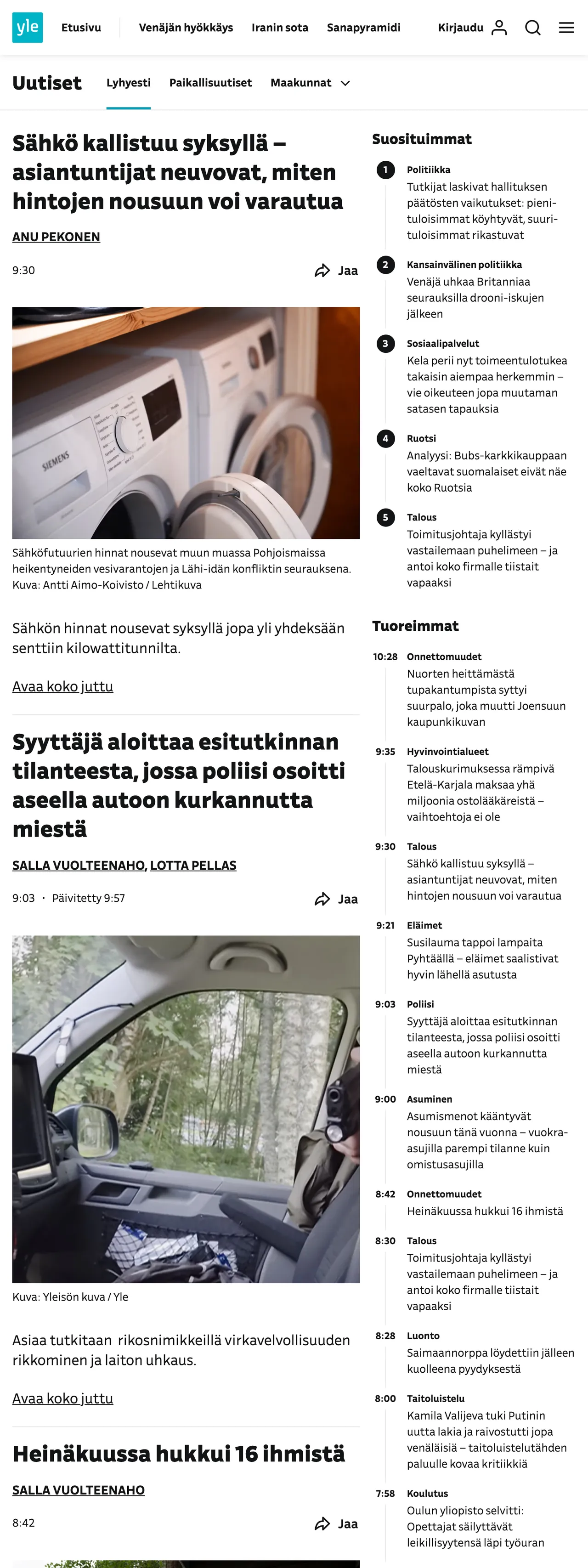 Screenshot of the Yle front page