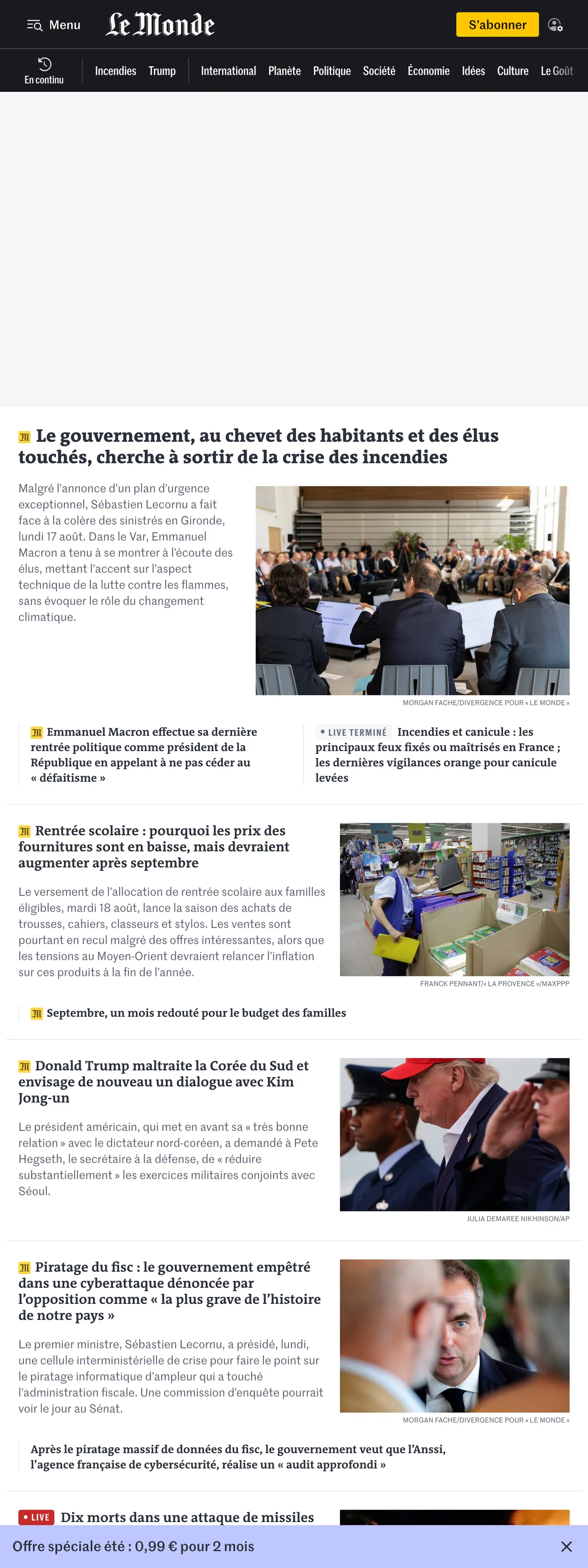 Screenshot of the Le Monde front page