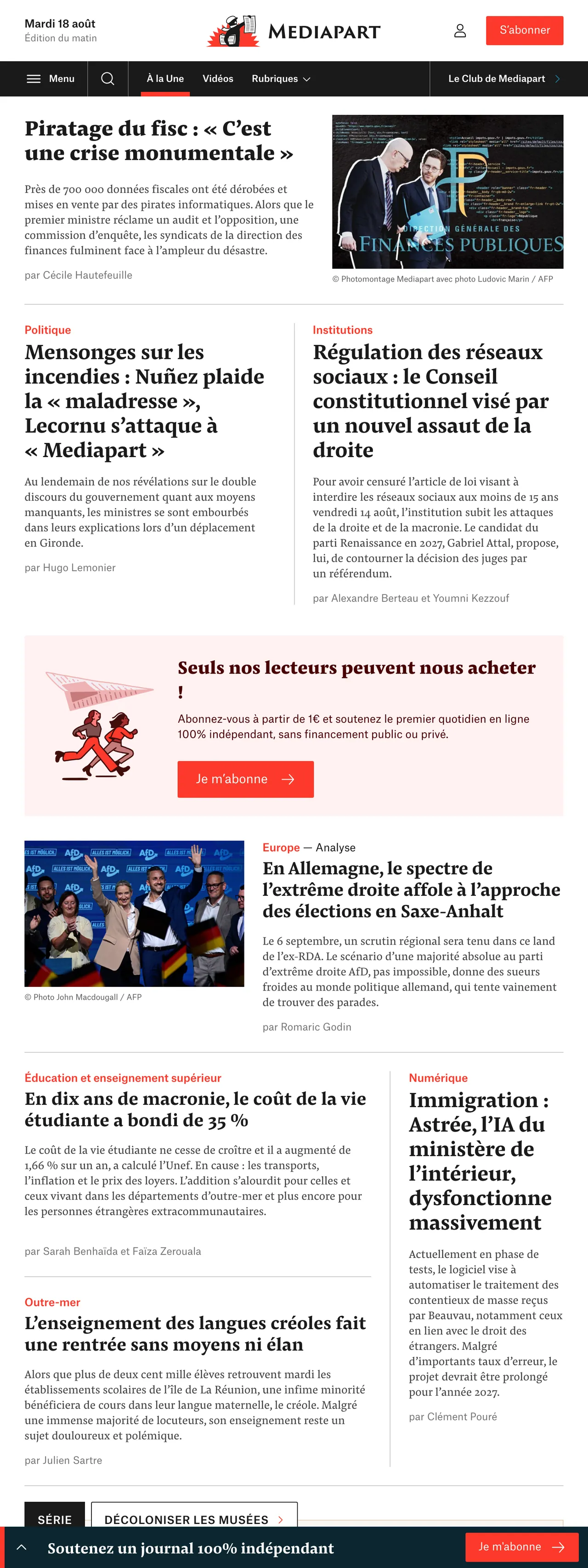 Screenshot of the Mediapart front page