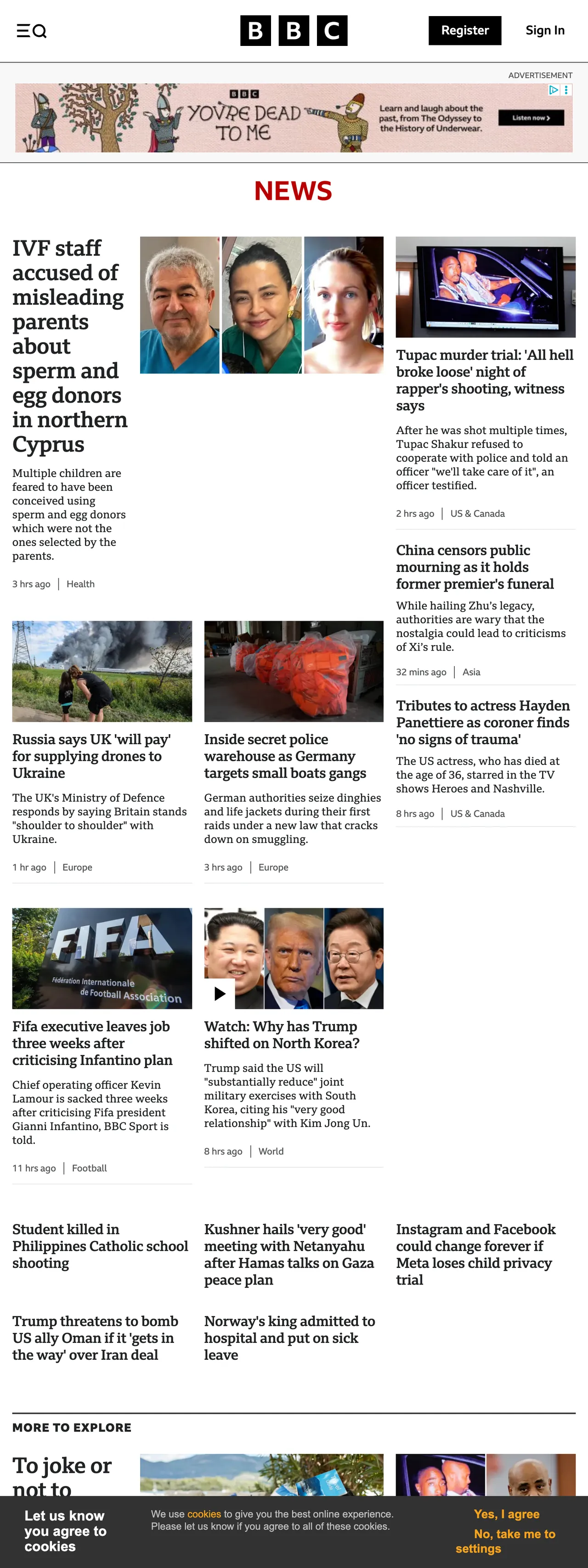 Screenshot of the BBC News front page