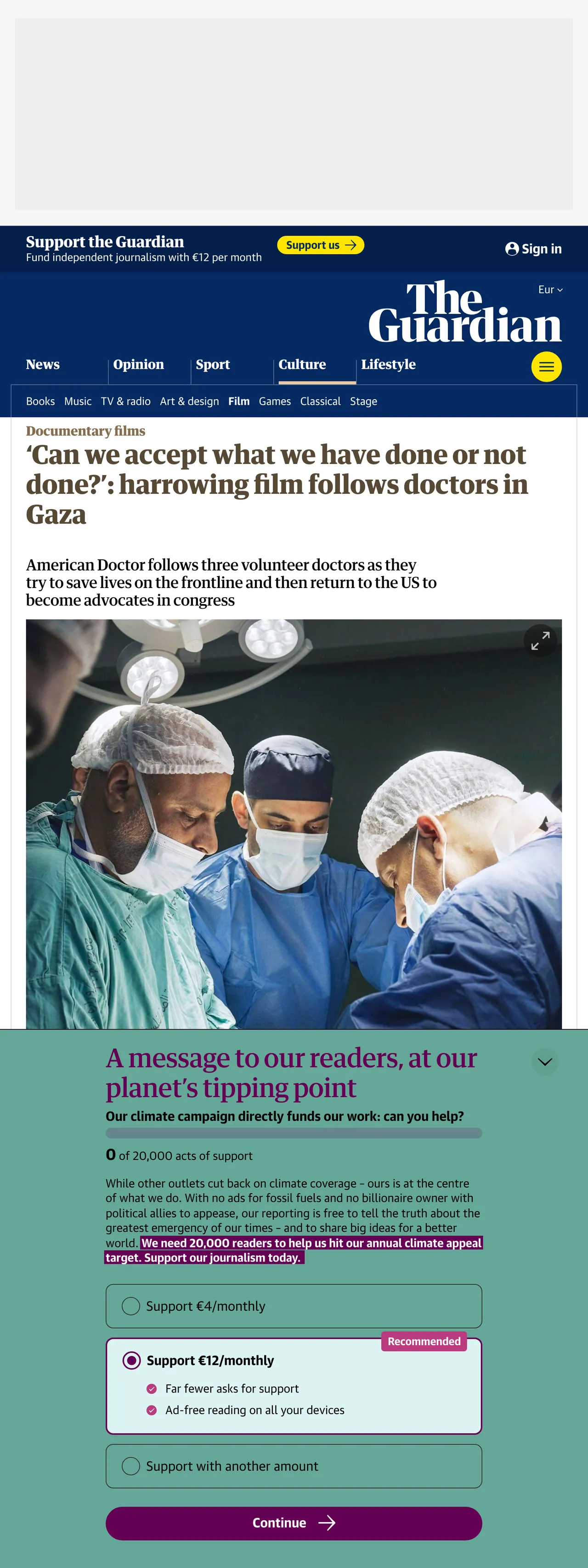Screenshot of the The Guardian front page